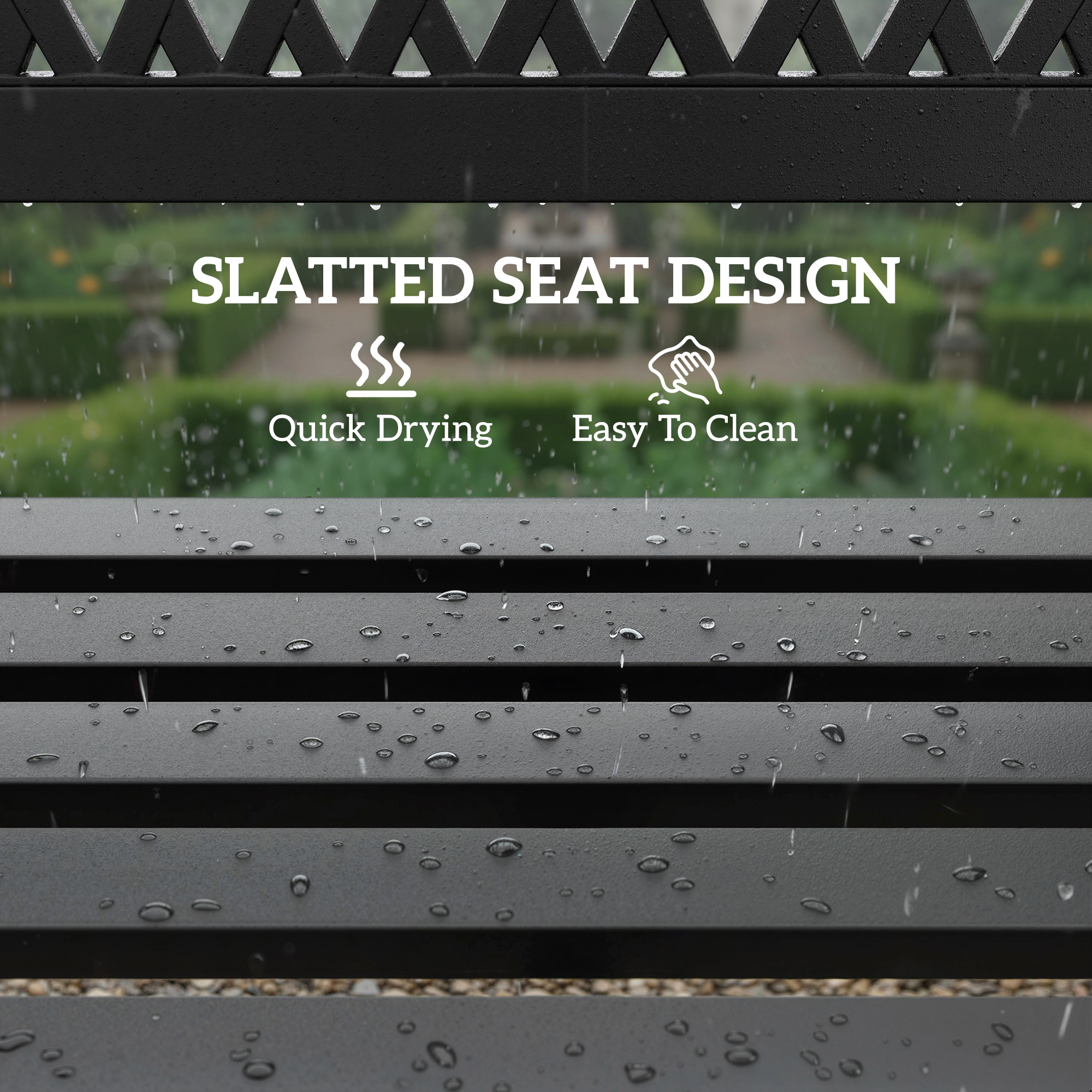 Outdoor Bench with Floral Backrest 2 Seater Garden Bench with Armrests for Yard Park Balcony Black - Image 5