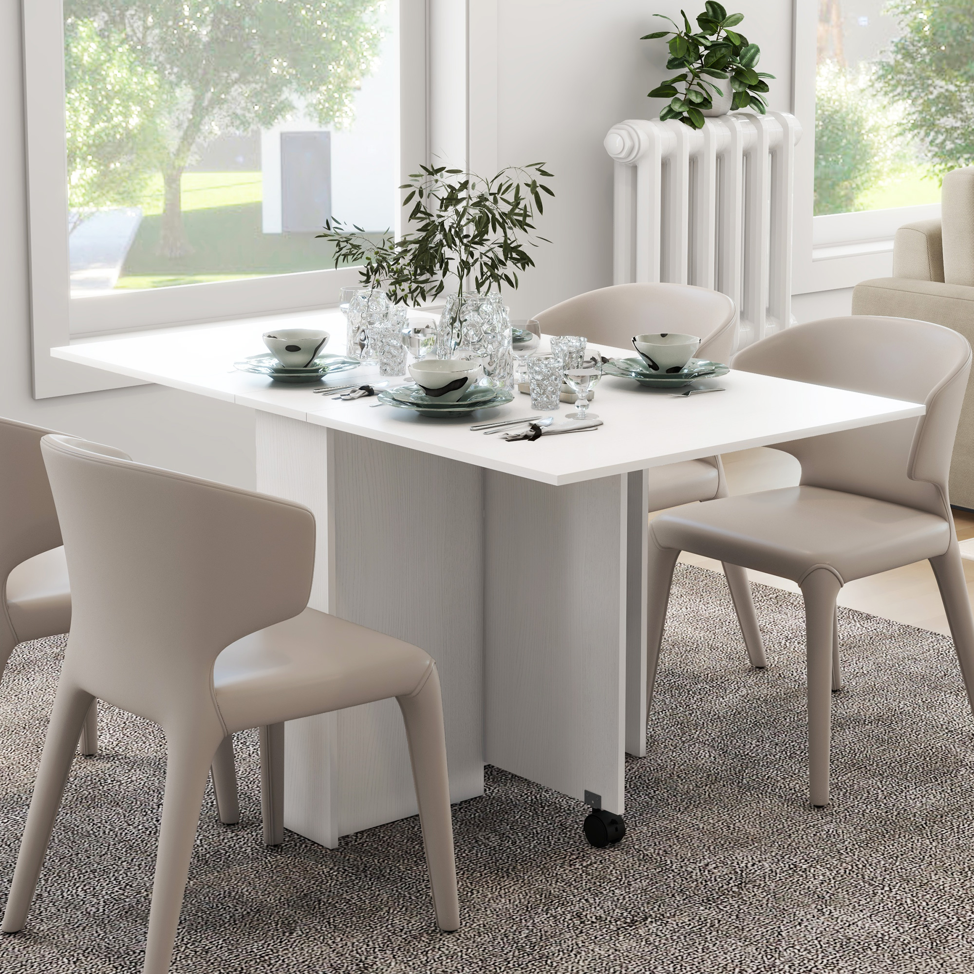 Folding Dining Table, 55" Drop Leaf Table for Small Spaces, Foldable Table with Storage Shelves for Kitchen, Dining Room, White - Image 6
