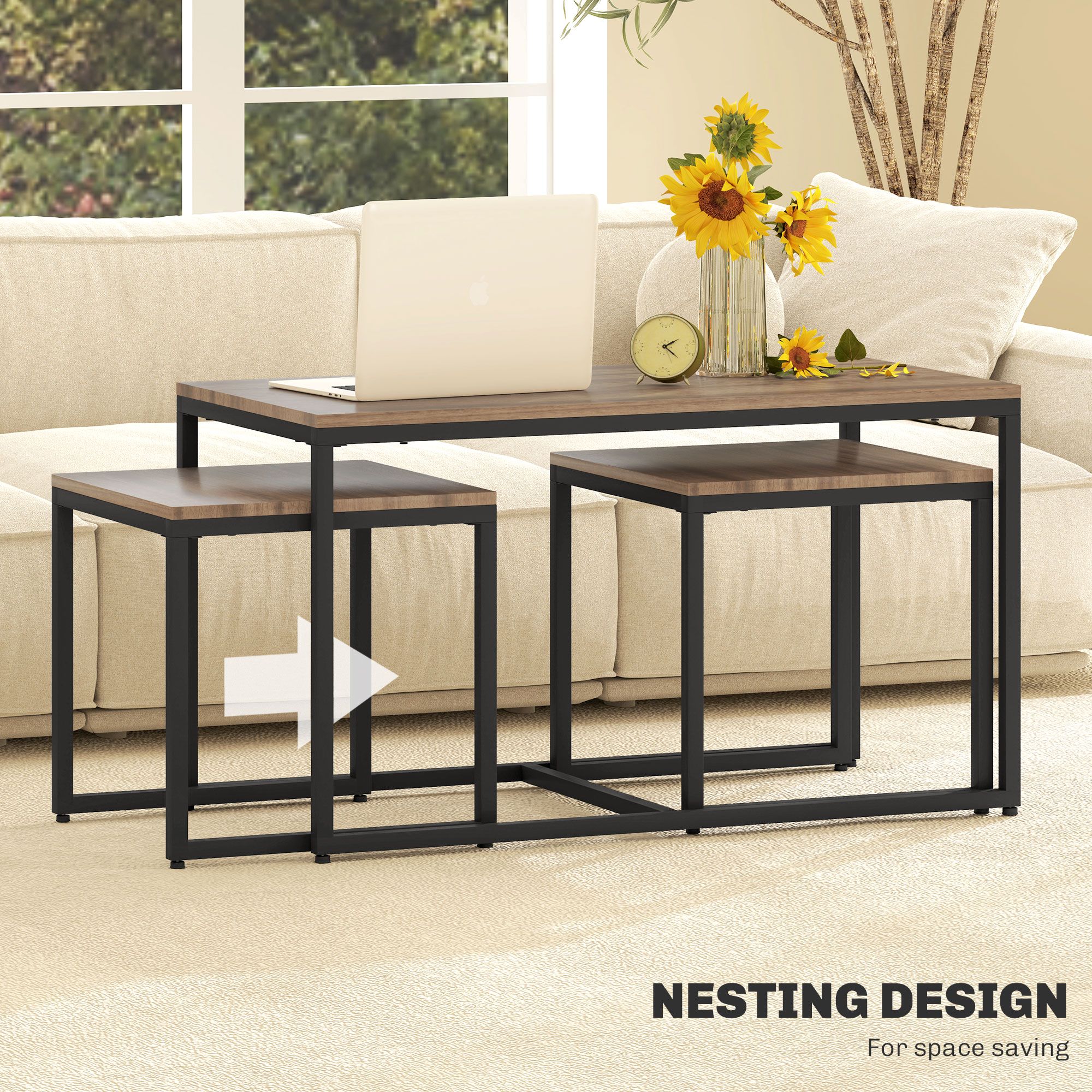 Nesting Coffee Table Set of 3, Modern End Tables with Black Metal Frame for Living Room Home Furniture, Brown - Image 2