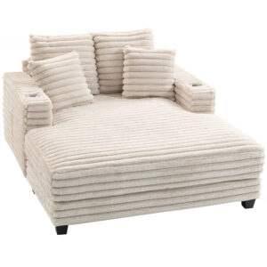 60" Chaise Lounge Chair, Oversized Upholstered Sofa Bed with Cup Holders & Pillows, Sleeper Couch for Living Room, Beige
