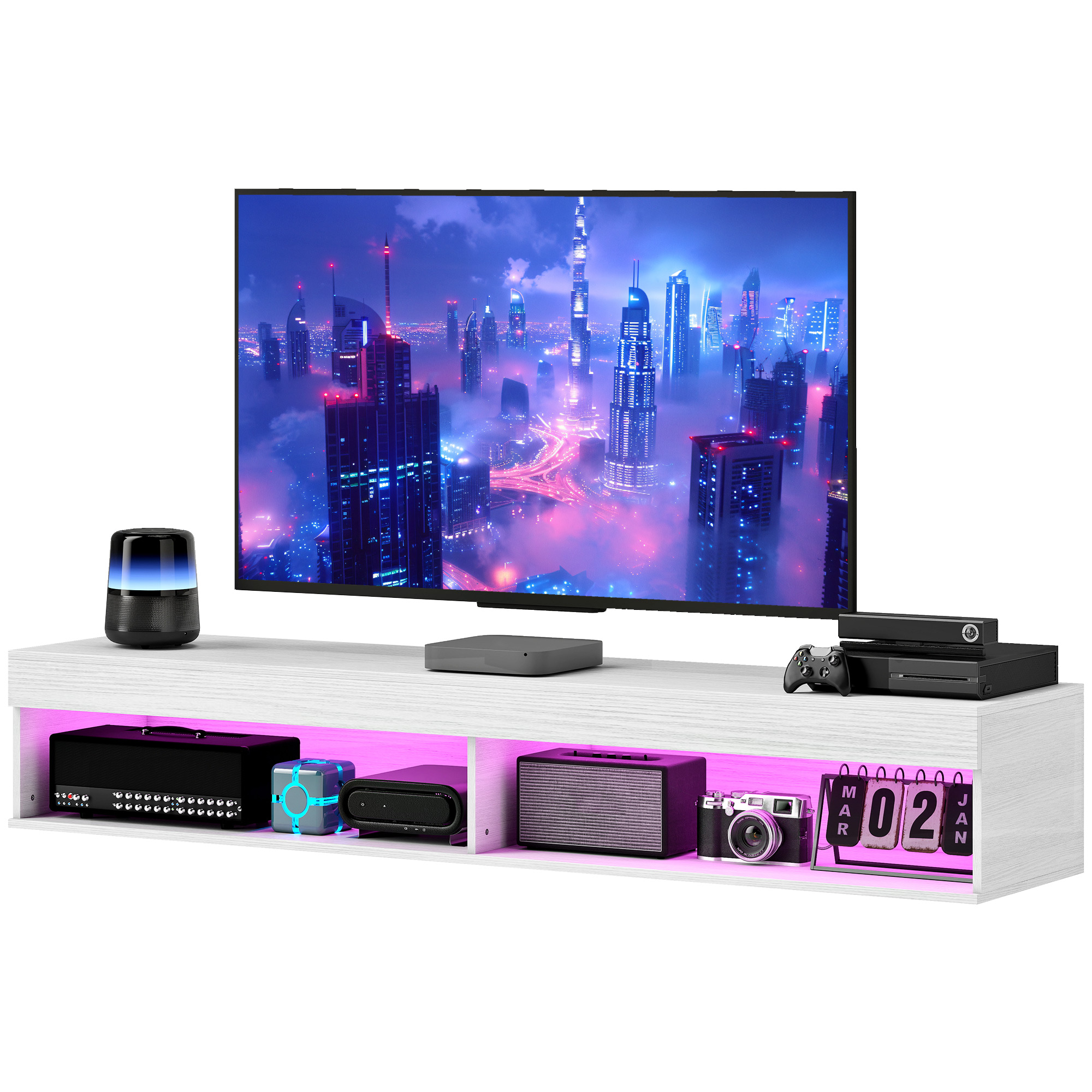 Modern Wall Mounted TV Stand with Storage and LED Lights for TVs up to 75", Floating TV Shelf for Living Room, White