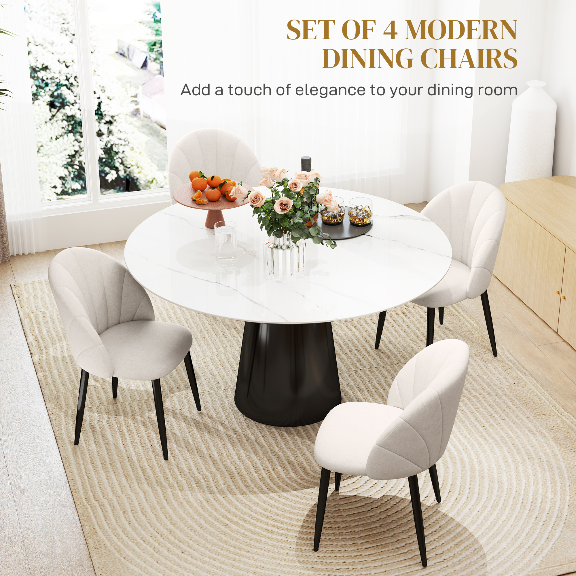 Modern Dining Chairs Set of 4, Upholstered Dining Room Chairs with Metal Legs, Shell Backrest, Padded Seat, Cream White - Image 2