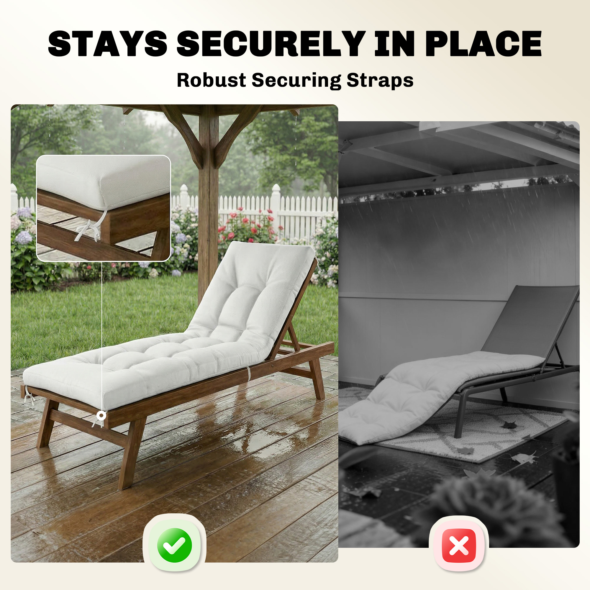 Patio Lounge Chair Cushion, UV50+ Chaise Lounge Chair Cushion with Securing Straps for Patio, 78 x 25.6 inch, Cream White - Image 5