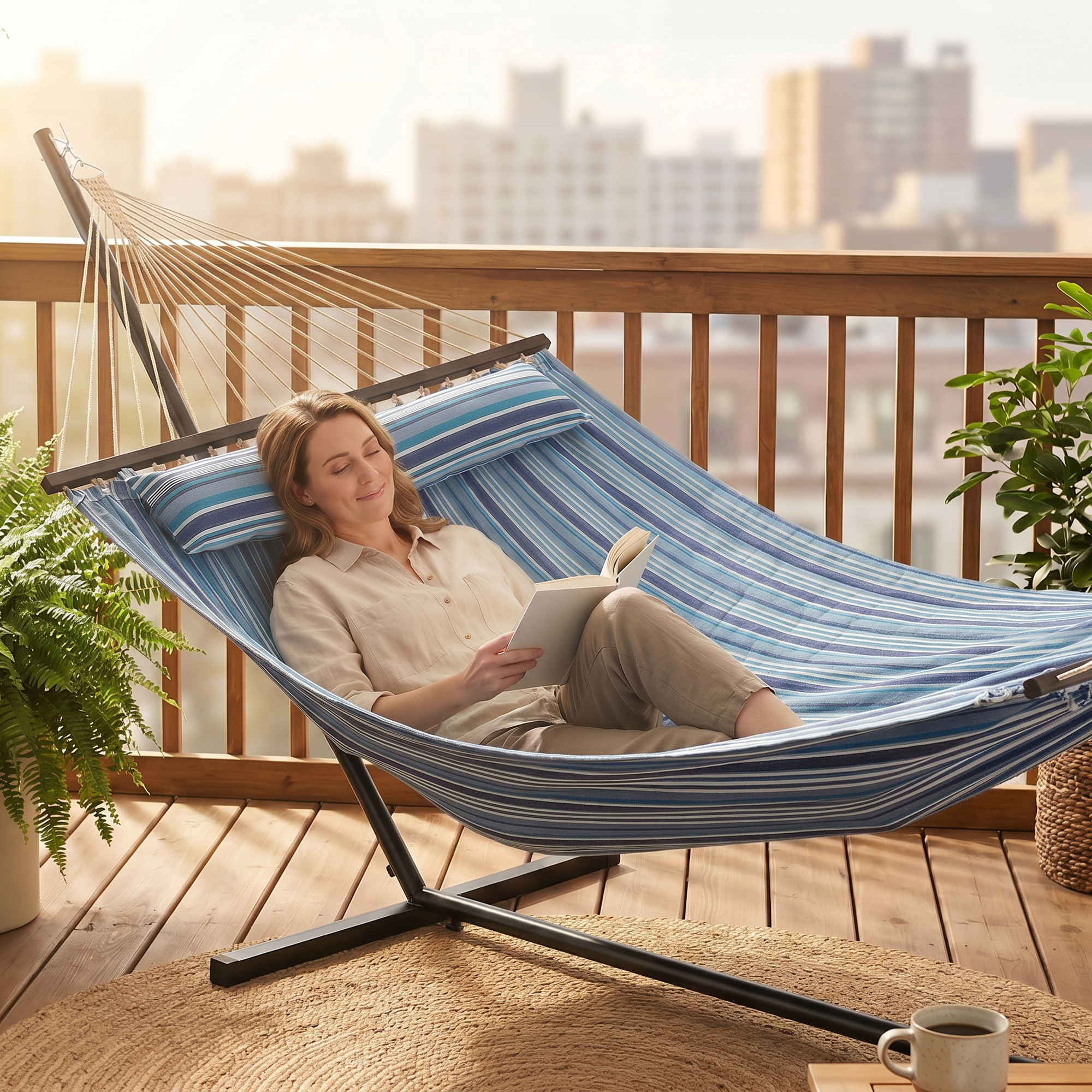 Hammock with Stand Heavy Duty Camping Hammock with Steel Frame for Patio Backyard Blue and White - Image 6