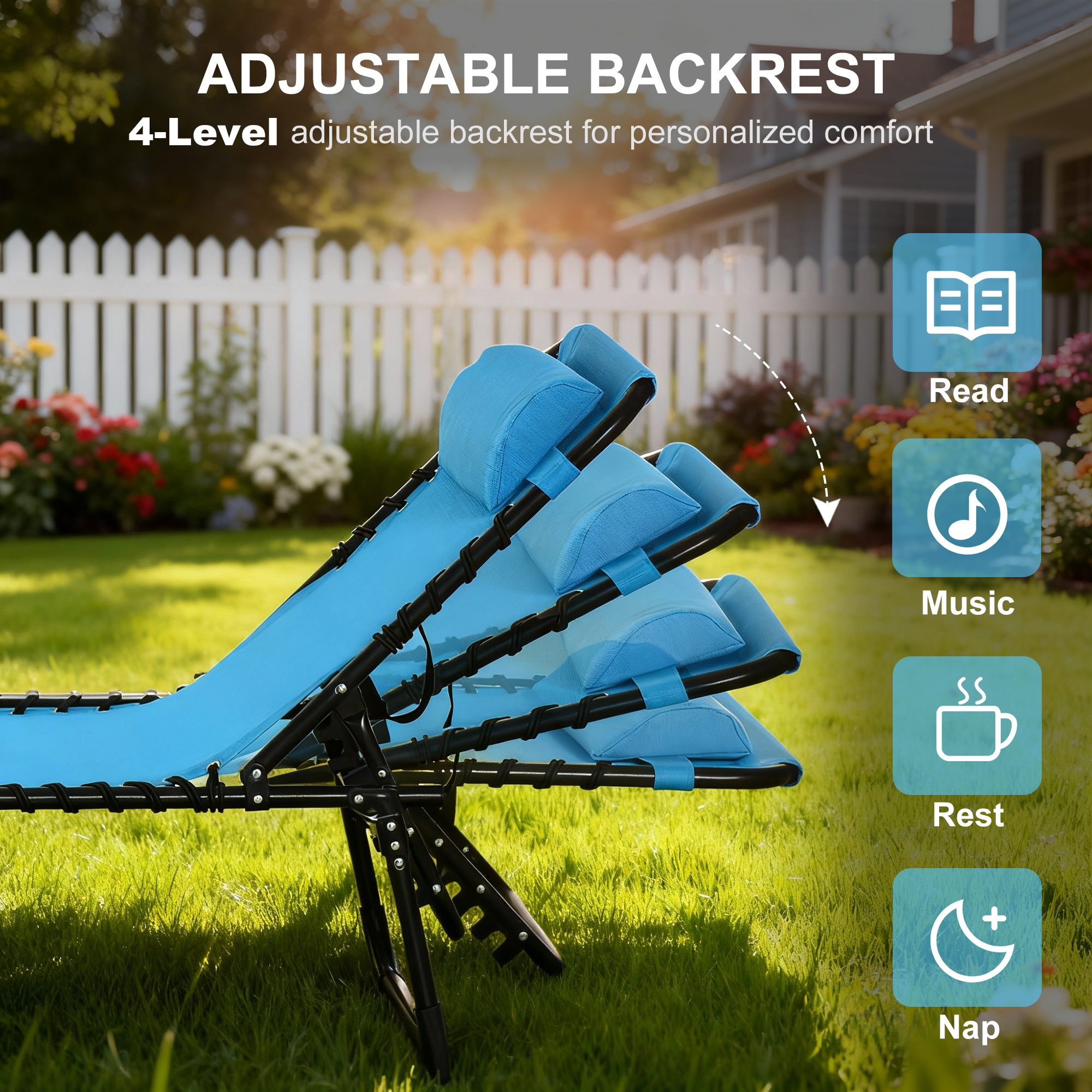 Outdoor Folding Lounge Chair, 4-Level Adjustable Chaise Lounge with Headrest, Tanning Chair Beach Bed, Reclining Lounger Cot for Camping, Hiking, Backyard, Sky Blue - Image 2