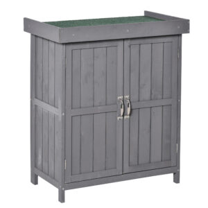 Wooden Garden Tool Storage Shed Kit with Hinged Roof, 2-Tier Shelves and Double Doors, 74x43x88cm, Dark Grey