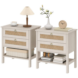 Set of 2 Boho Bedside Tables, Rattan Nightstands with 2 Drawers, Storage Shelf, End Side Tables for Bedroom, White Oak