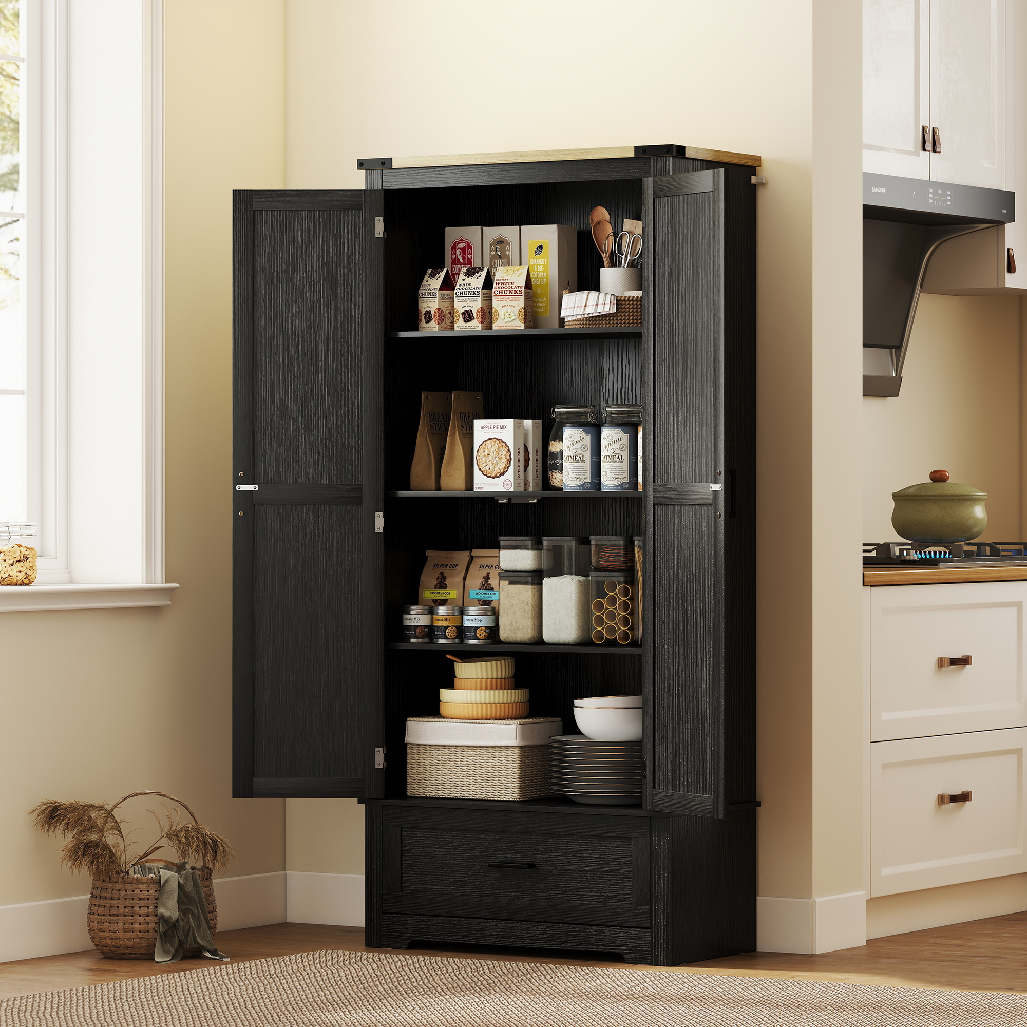 69" Tall Farmhouse Kitchen Pantry Cabinet with 2 Doors, Drawer and Adjustable Shelves, Black and Brown - Image 6