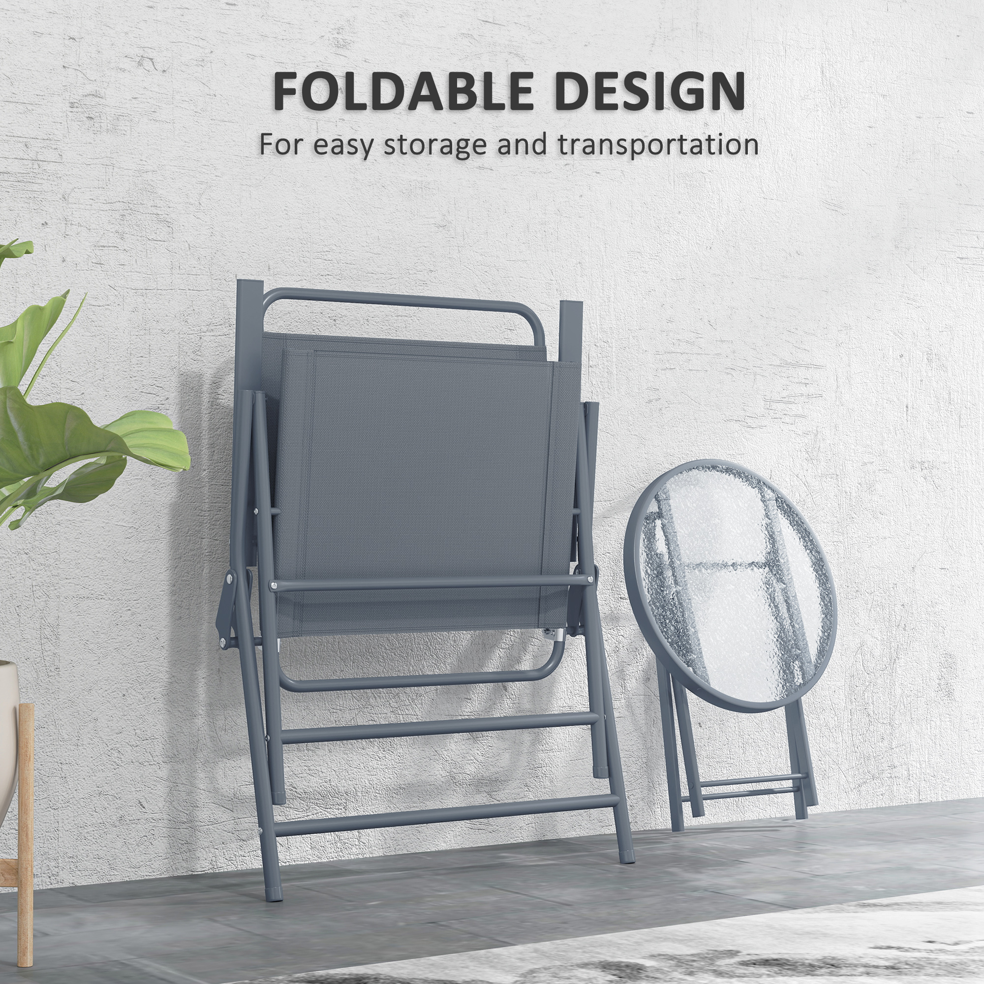 3 Pieces Outdoor Bistro Set, Folding Patio Table and Chairs with Tempered Glass Tabletop for Garden, Deck & Backyard - Image 3