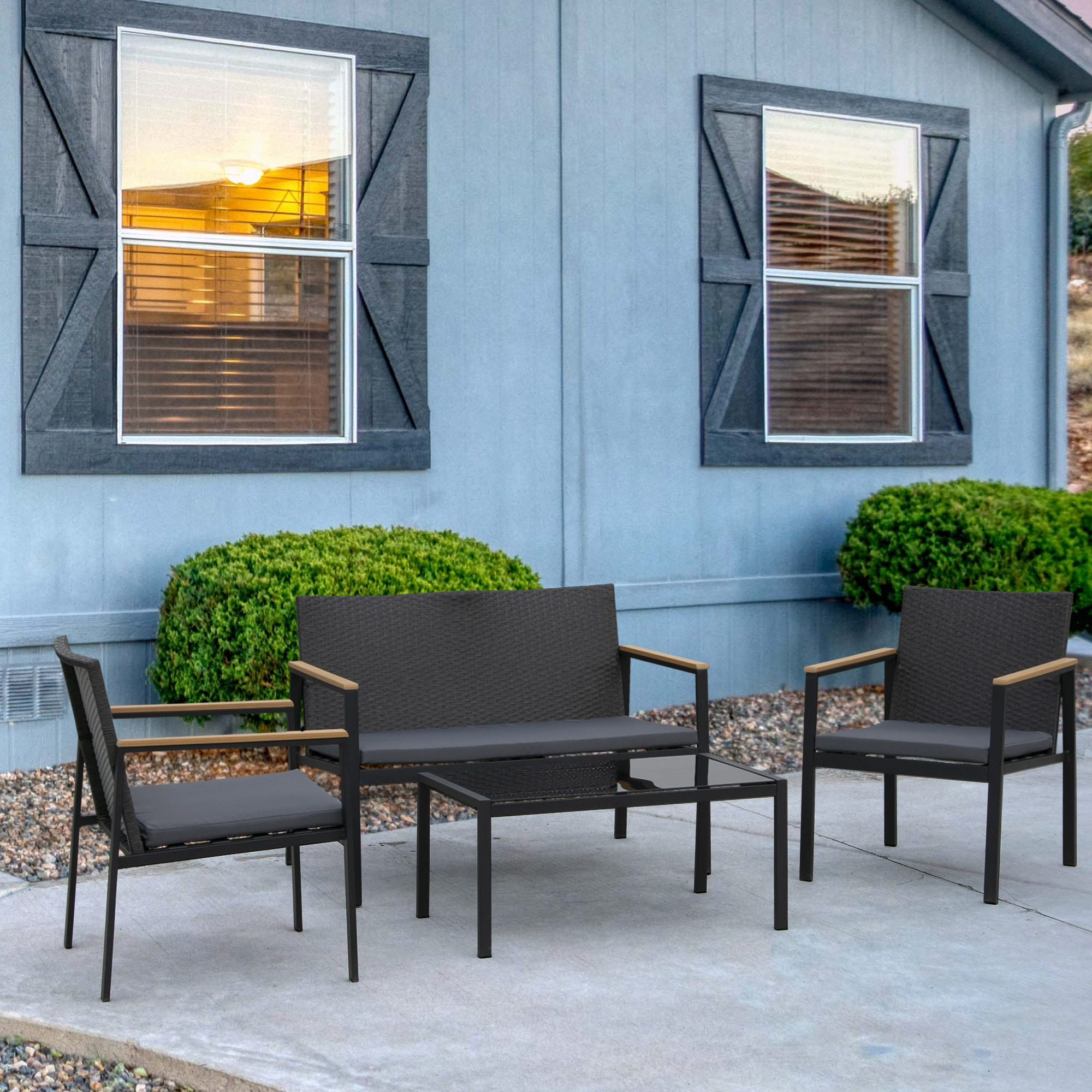 4 Pieces Wicker Patio Furniture Set with Cushions, Outdoor Rattan PE Rattan Conversation Set, Chairs and Loveseat with PS Board Armrests Decoration, Glass Top Table, Black - Image 6