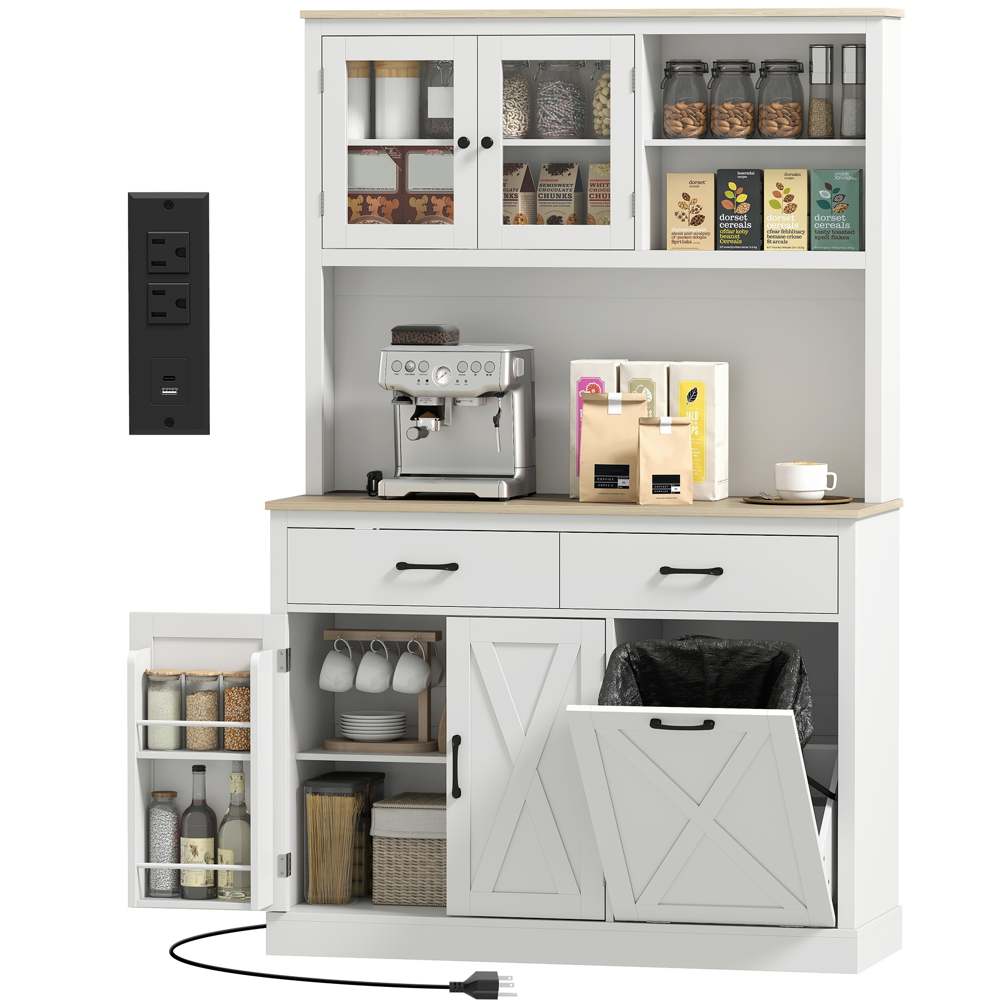 69" Kitchen Pantry Cabinet with Charging Station Kitchen Cabinet with Microwave Stand 7 Gallon Trash Can Cabinet White