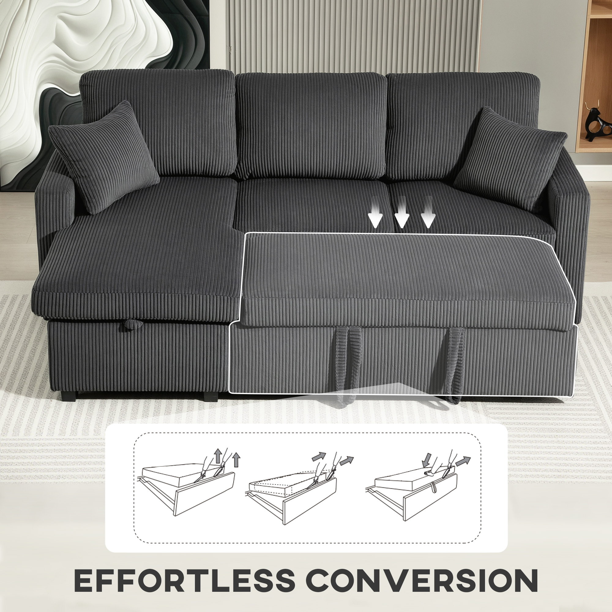 81" Sofa Bed, 2 In 1 Pull Out Sleeper Sofa Bed with Storage, Corduroy Convertible Couch for Living Room, Dark Grey - Image 3