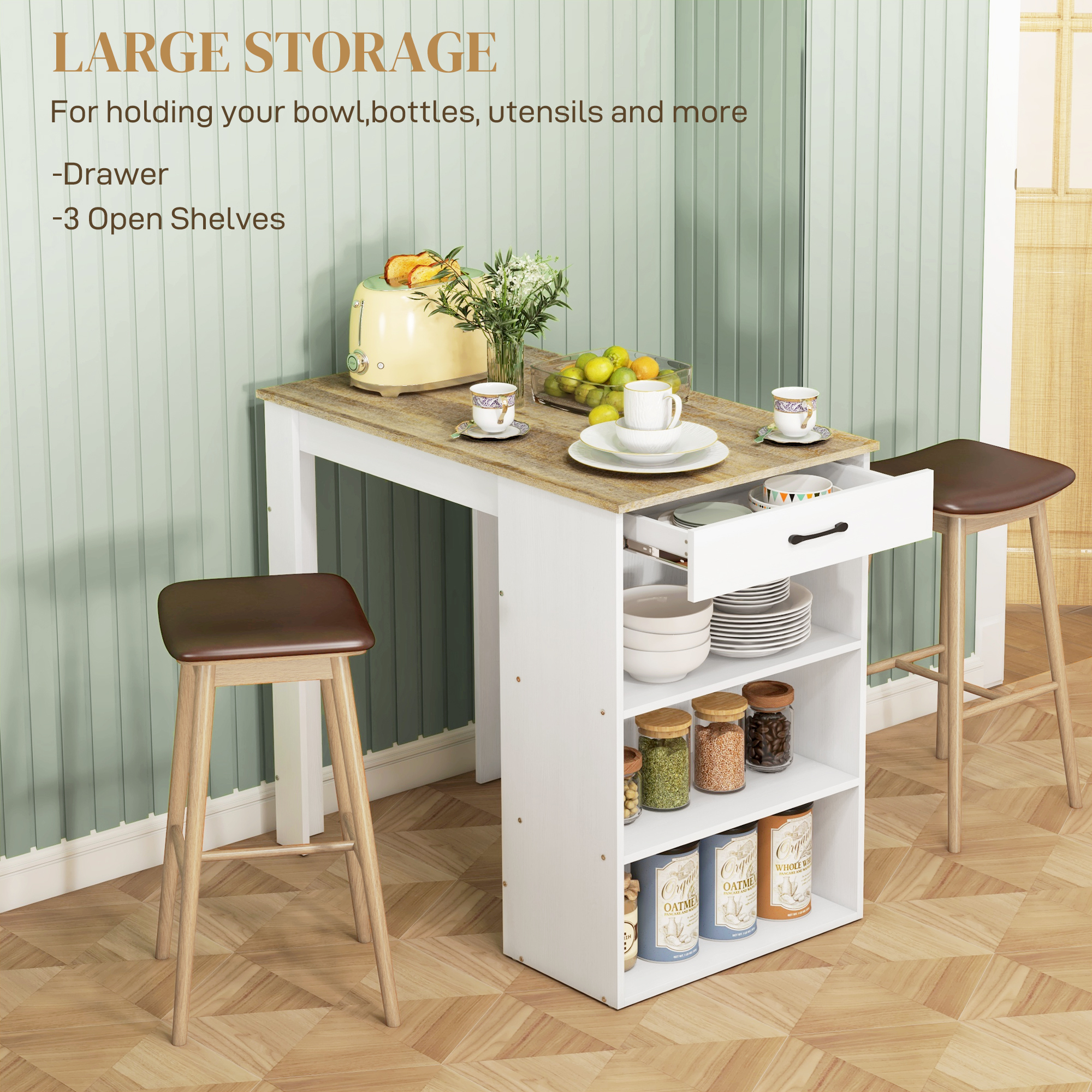 Bar Table with Drawer and 3 Storage Shelves, Bar Height Table, High Top Pub Table for Home Bar, Kitchen, Grey - Image 2