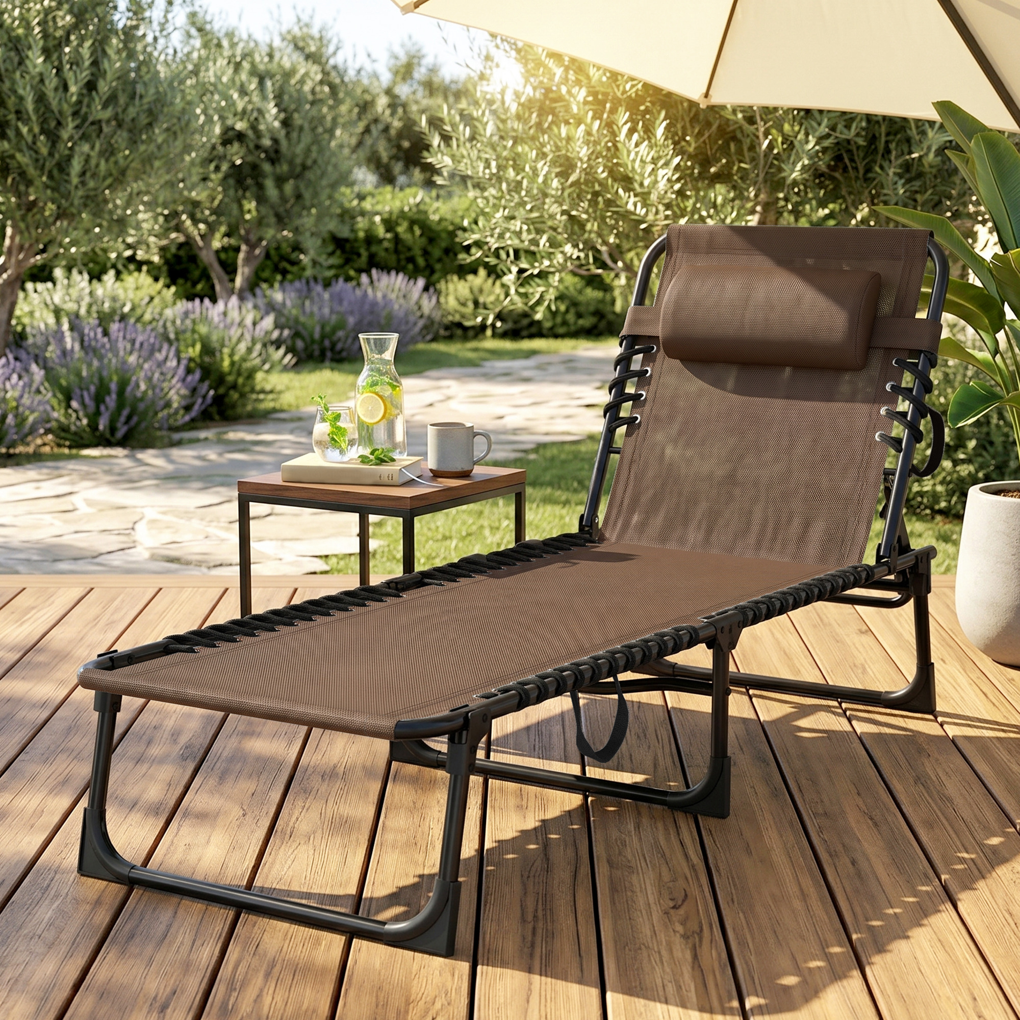 Outdoor Folding Chaise Lounge, Reclining Lounge Chair with Adjustable Backrest and Removable Pillow, Brown - Image 6