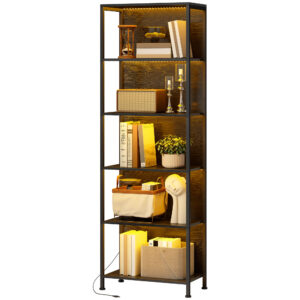 5-Tier Bookshelf, Freestanding Bookcase with LED Lights and Metal Frame for Living Room, Bedroom, Home Office, Black