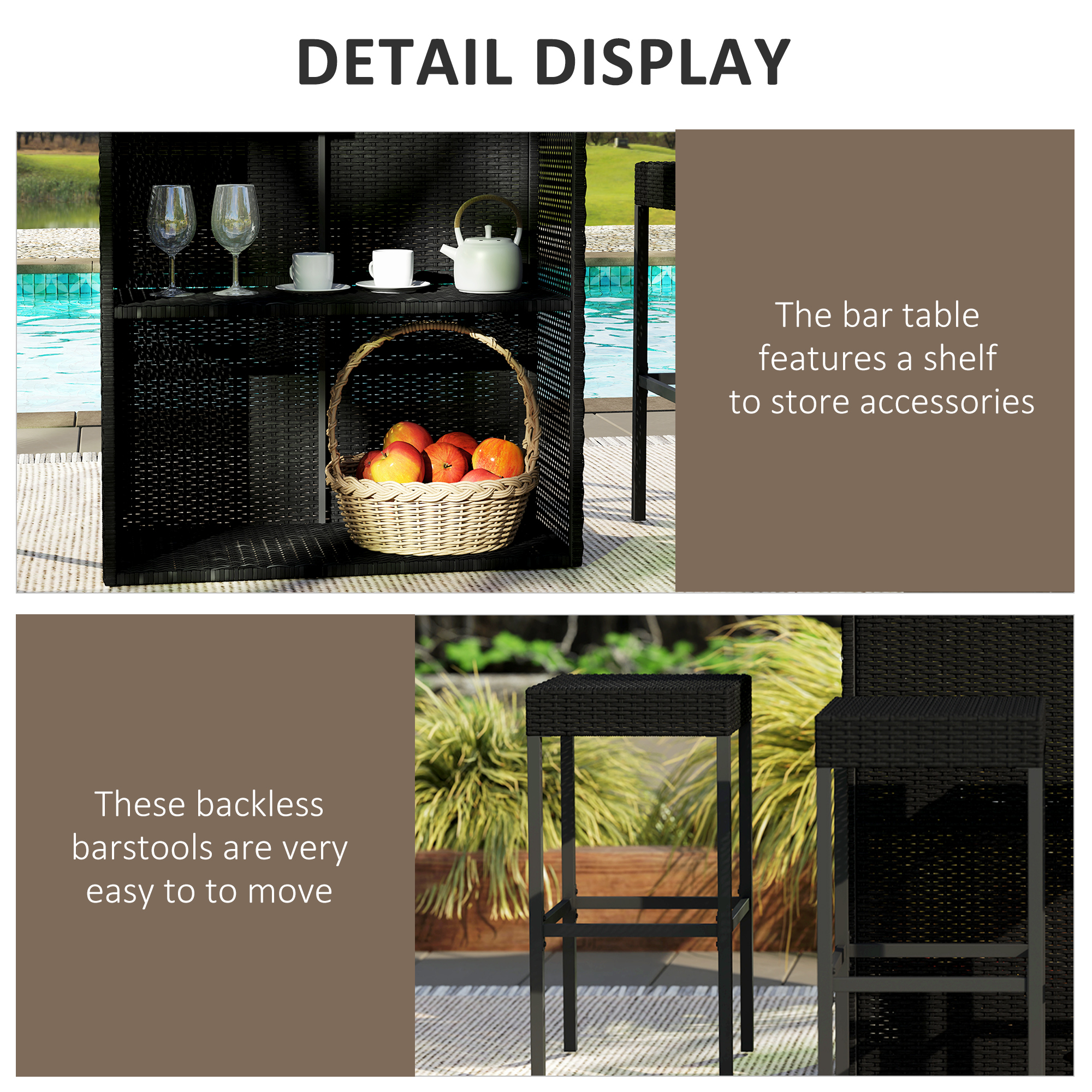 5 Pieces Patio Bar Set, Outdoor PE Rattan Wicker High Top Outdoor Table and Chairs Outdoor Bar Set with Tempered Glass Top Bar Table and Shelves, 4 Bar Chairs, Black - Image 3