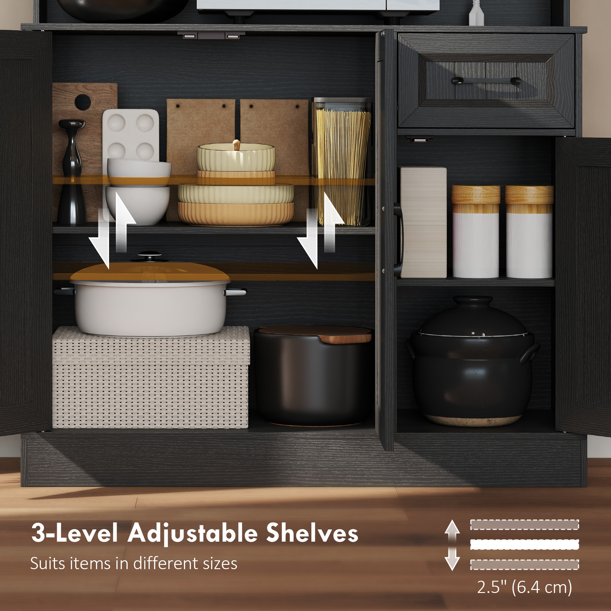 71" Pantry Cabinet with Charging Station, Kitchen Storage Cabinet with Microwave Stand, Adjustable Shelves, Black - Image 3