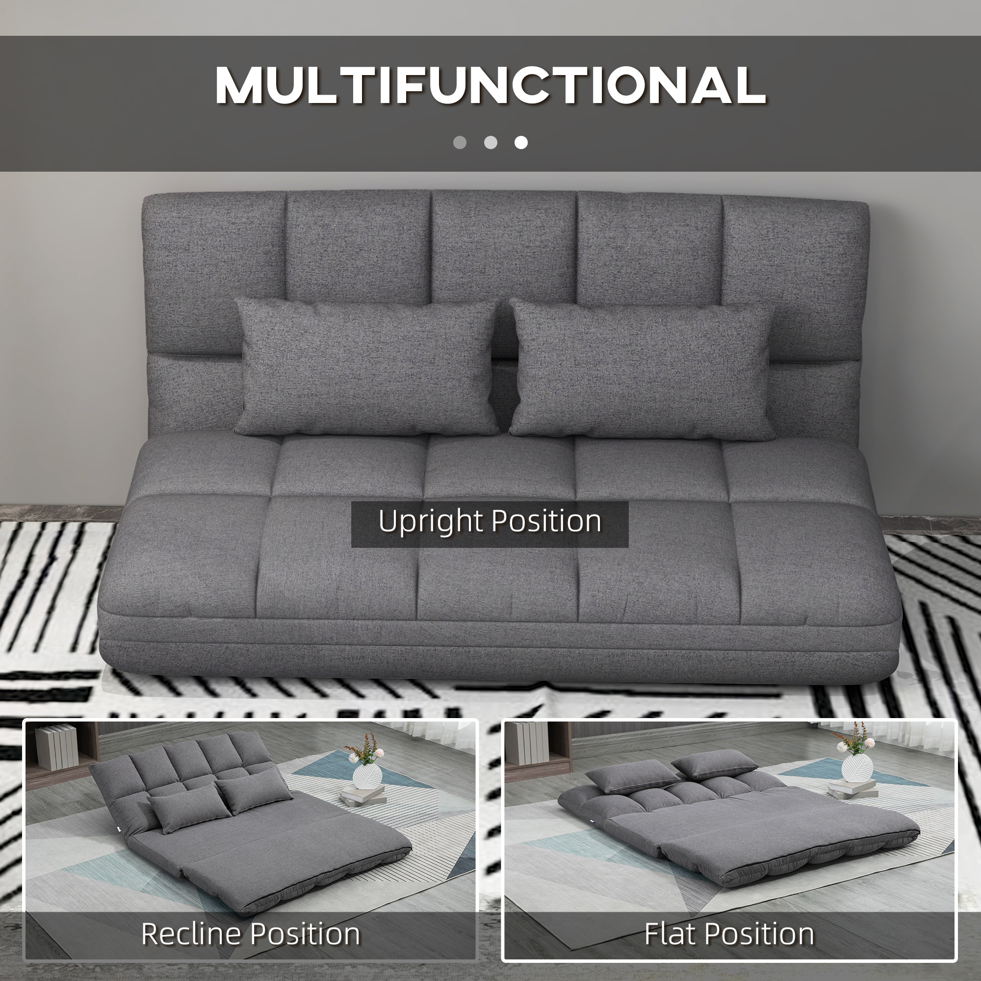 51" Folding Floor Sofa, Foldable 2-Seater Lazy Sofa Sleeper Bed, Adjustable Linen Floor Couch with 9-position Backrest, 2 Pillows and Wide Seat for Living Room, Grey - Image 2