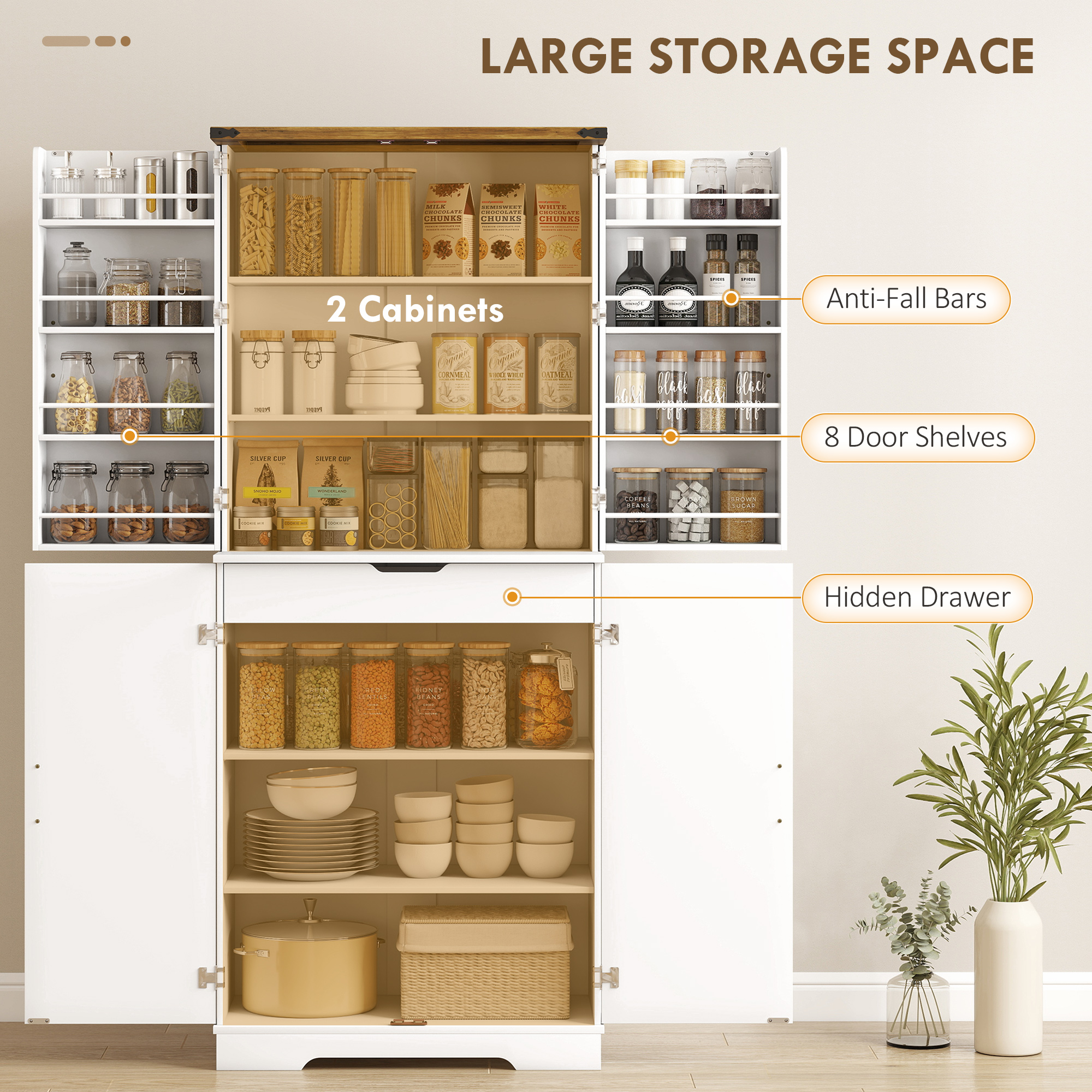 72" Kitchen Pantry Cabinet, Farmhouse Storage Cabinet with 4 Doors, Drawer, 8 Door Shelves and Adjustable Shelf, White - Image 2