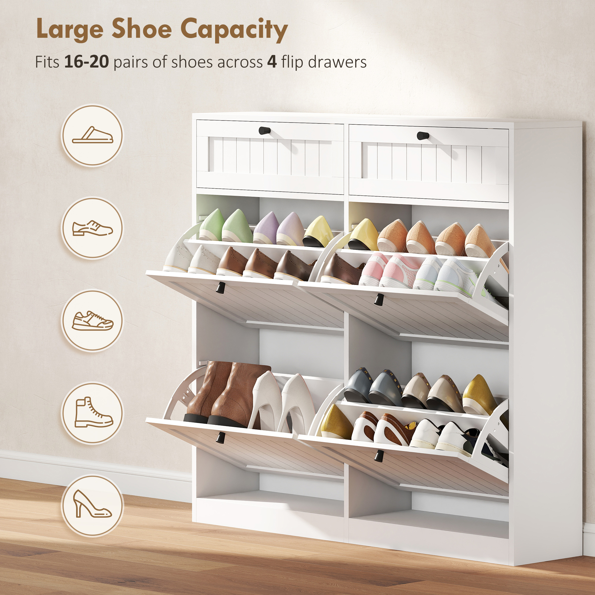 Shoe Cabinet with 2 Large Flip Drawers, Farmhouse Narrow Shoe Storage Cabinet with 2 Top Compartments, White - Image 3