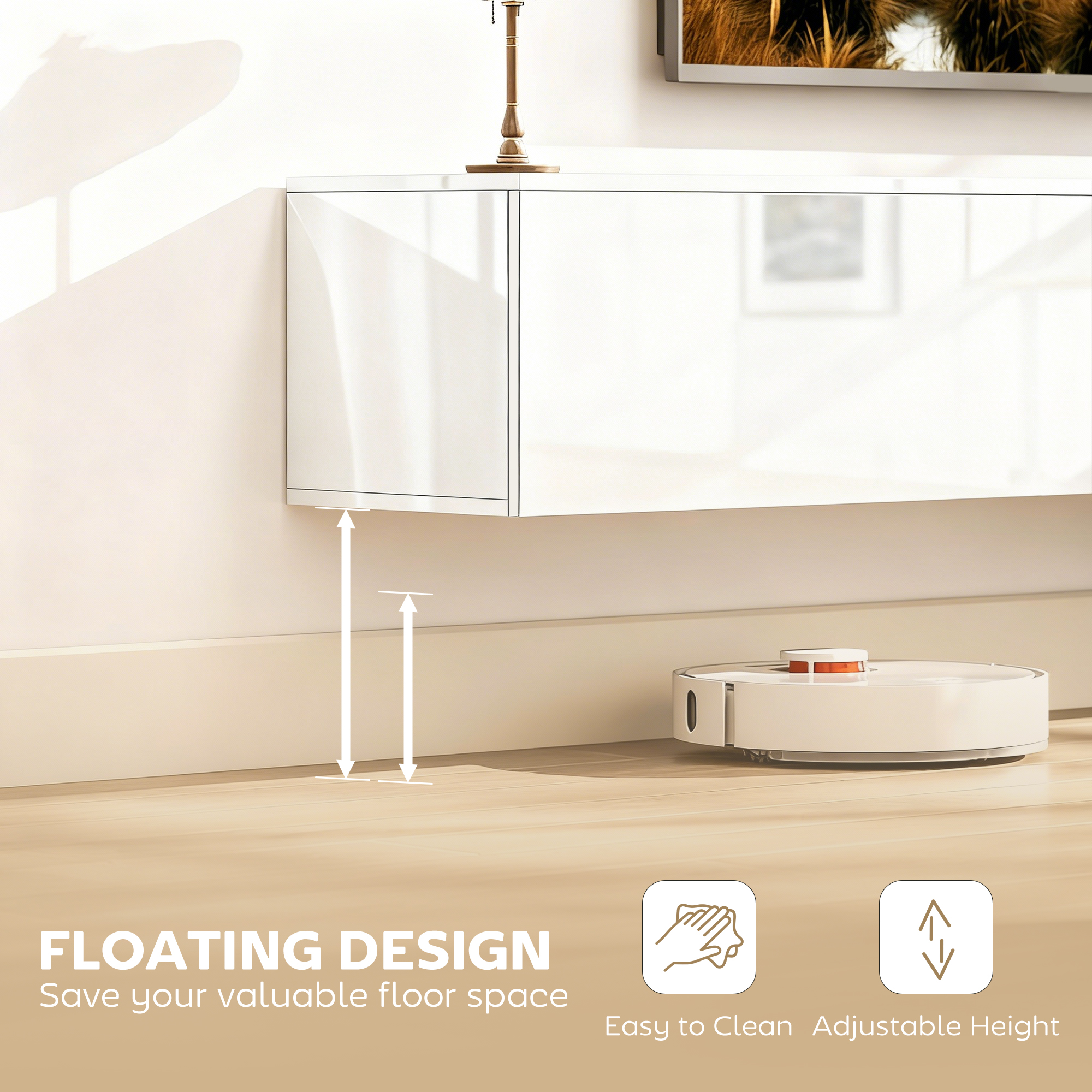 Floating TV Stand for TVs up to 75 Inch, 70.9" TV Cabinet, Entertainment Center with 2 Flip Doors, High Gloss White - Image 2