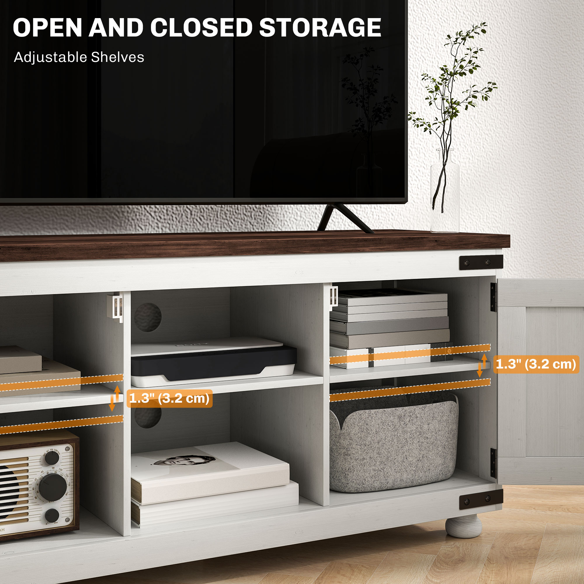 Farmhouse TV Stand for up to 50" TV, TV Cabinet with Barn Doors, Cable Management for Living Room, Distressed White - Image 2