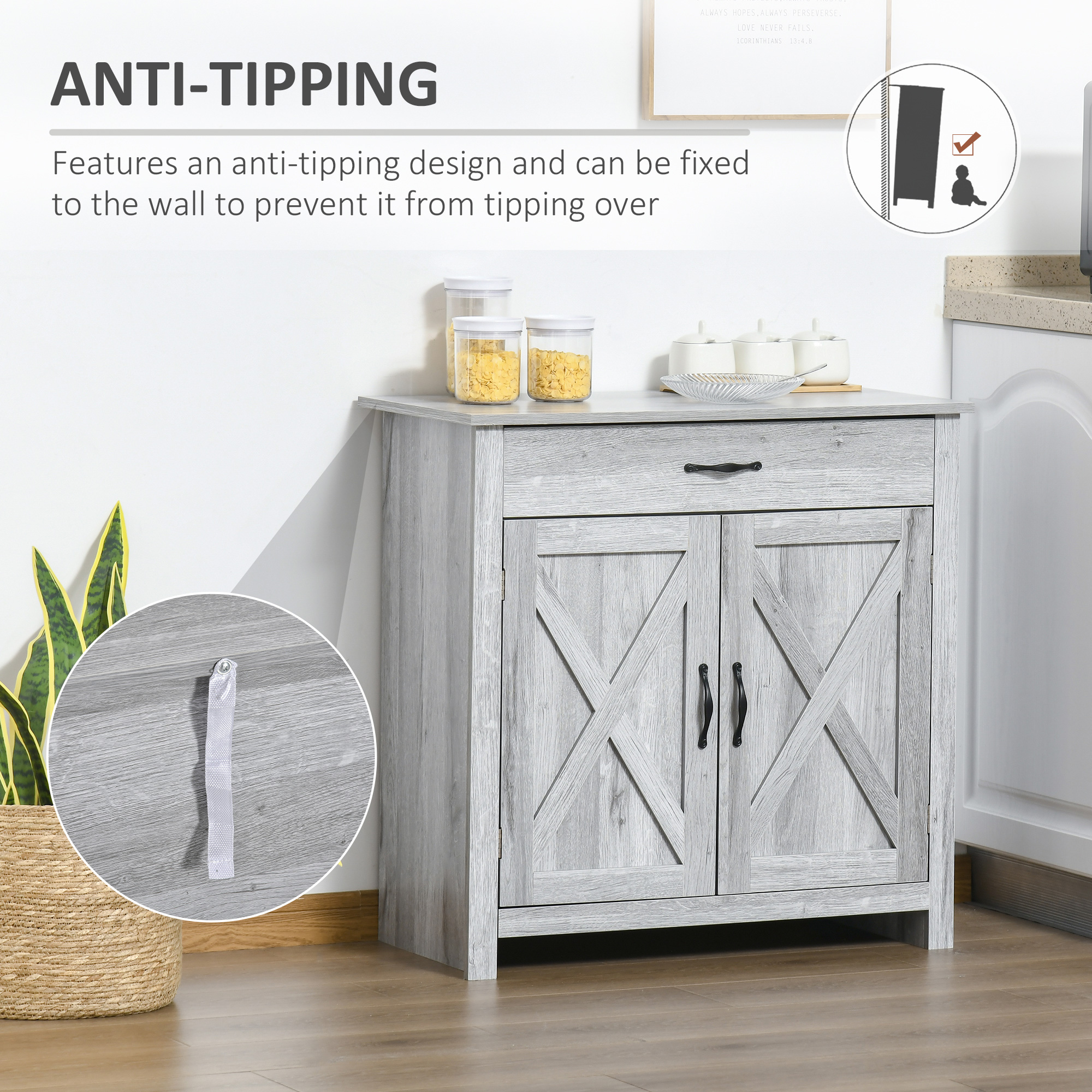 Farmhouse Sideboard Buffet Cabinet, Storage Cabinet with Barn Doors, Grey Grain - Image 4