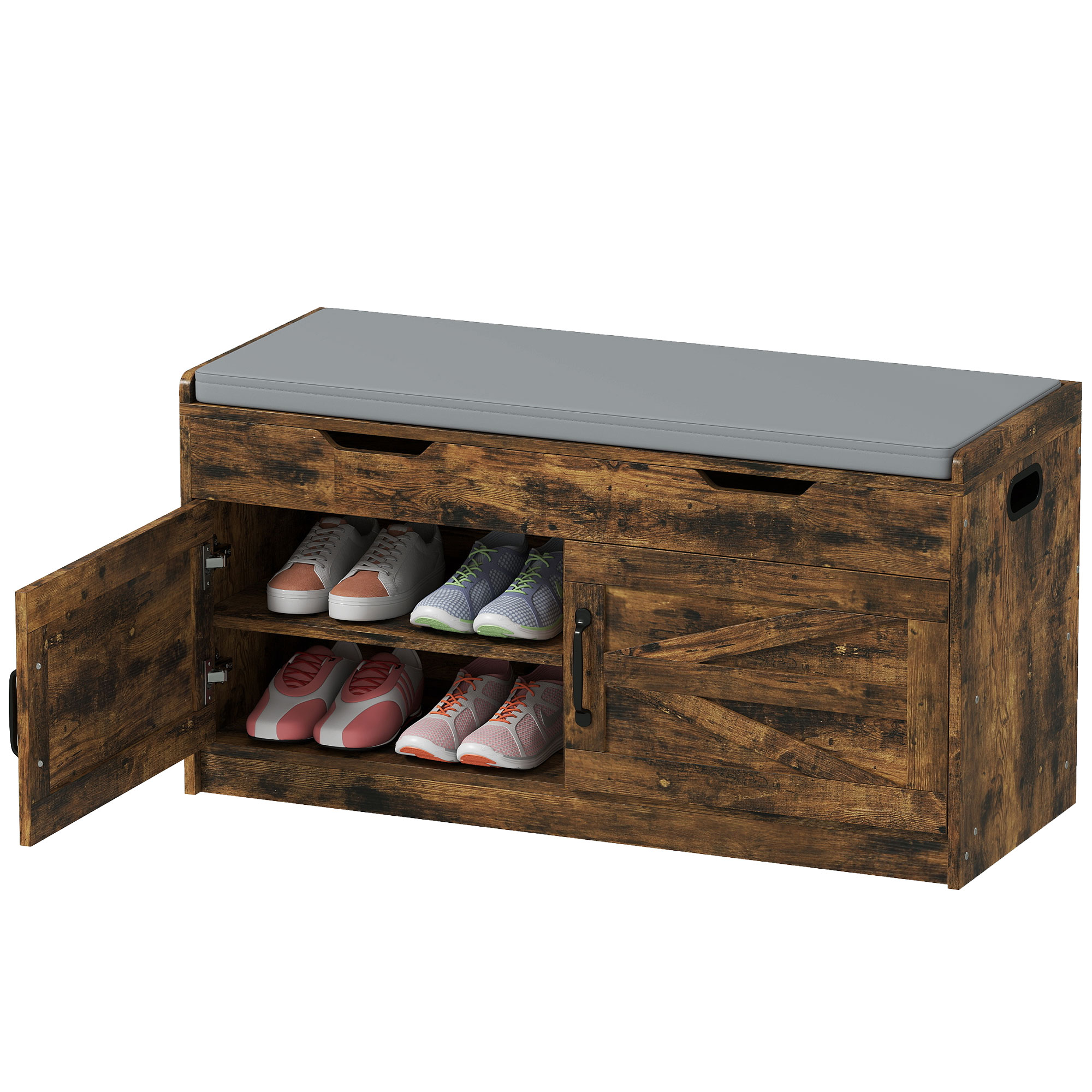 Shoe Storage Bench, Entryway Bench with 2-Tier Cabinet, Flip-Top Storage, Padded Cushion for Hallway, Rustic Brown
