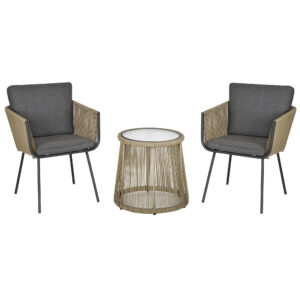3 Pieces Wicker Patio Furniture Set, Rattan Bistro Set with Coffee Table and Cushions, Outdoor Conversation Set for Garden, Porch, Balcony, Grey