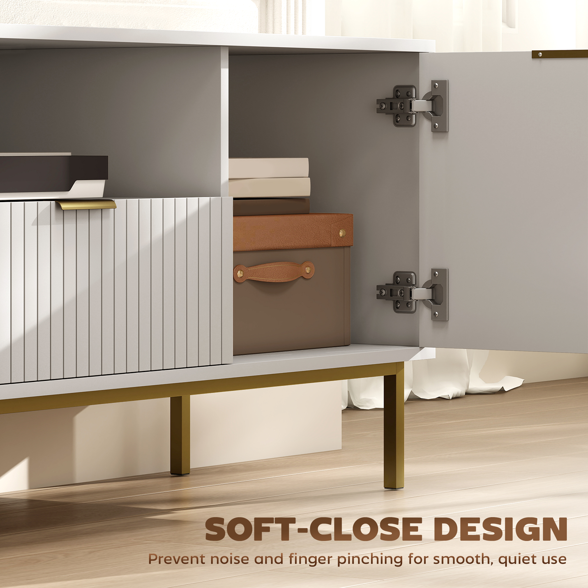 Modern TV Console for TVs up to 60 Inch, Entertainment Center with Smart RGB LED Lights and Soft Close Doors, White - Image 4