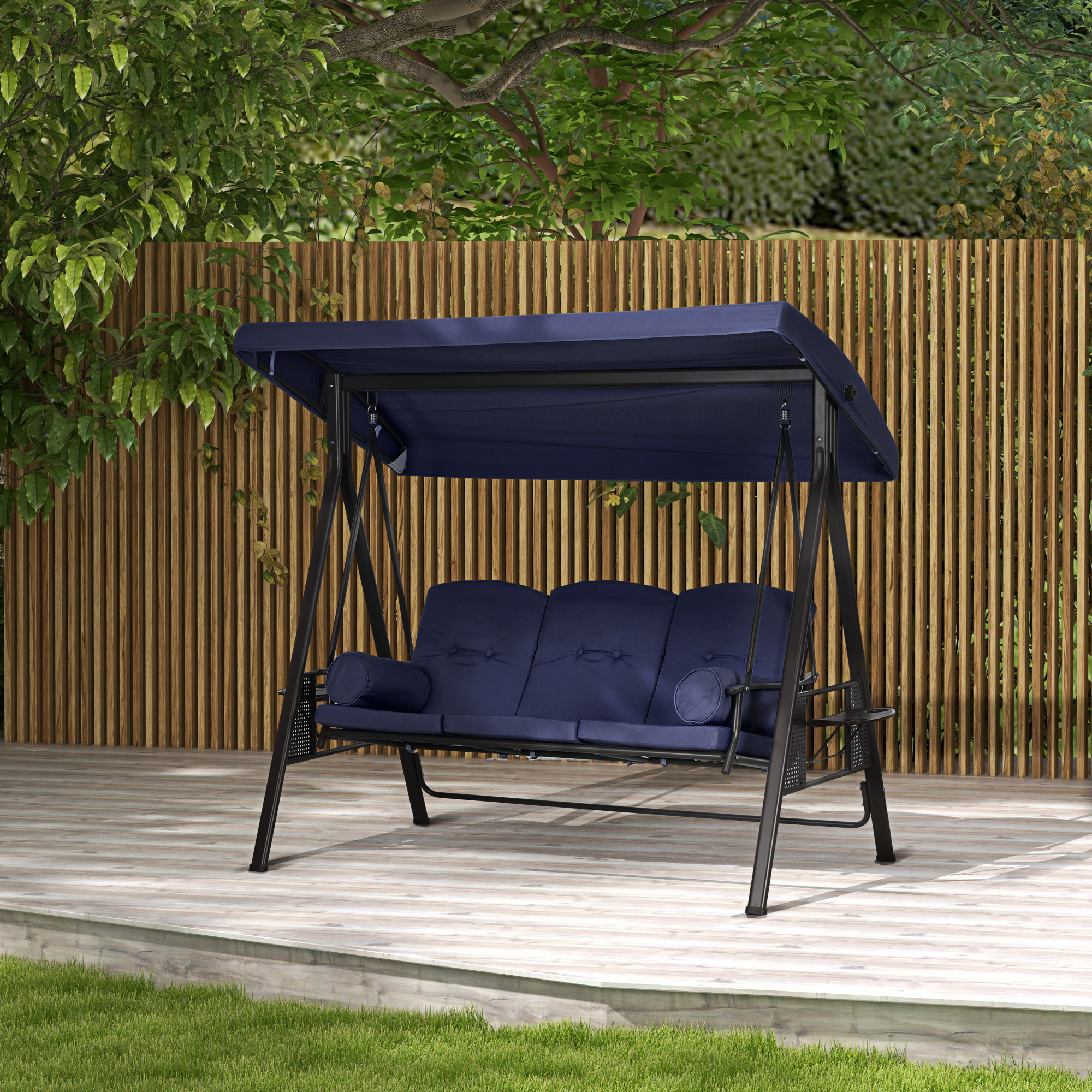 Outdoor Patio 3-Person Steel Canopy Cushioned Seat Bench Swing with Included Side Trays & Padded Comfort, Dark Blue - Image 6