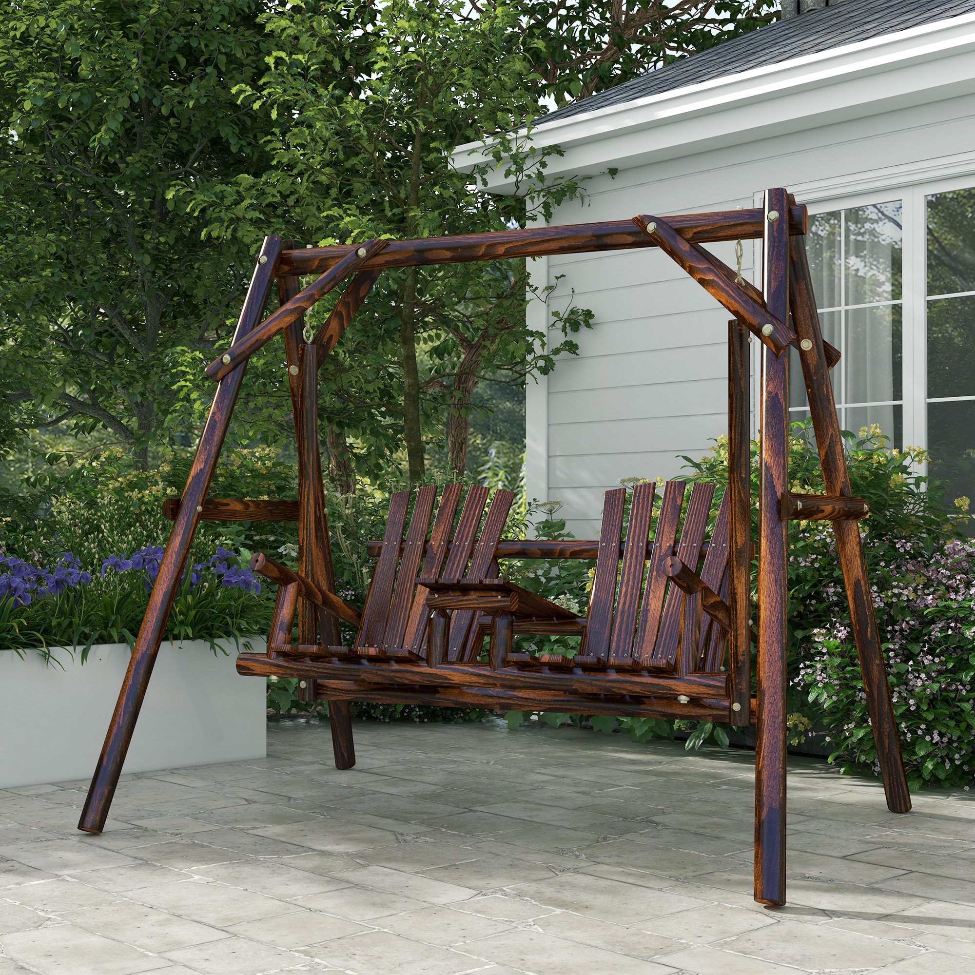 Wooden 2-Seat A-Frame Porch Swing Rustic Patio Bench Outdoor Furniture w/ Table - Image 6