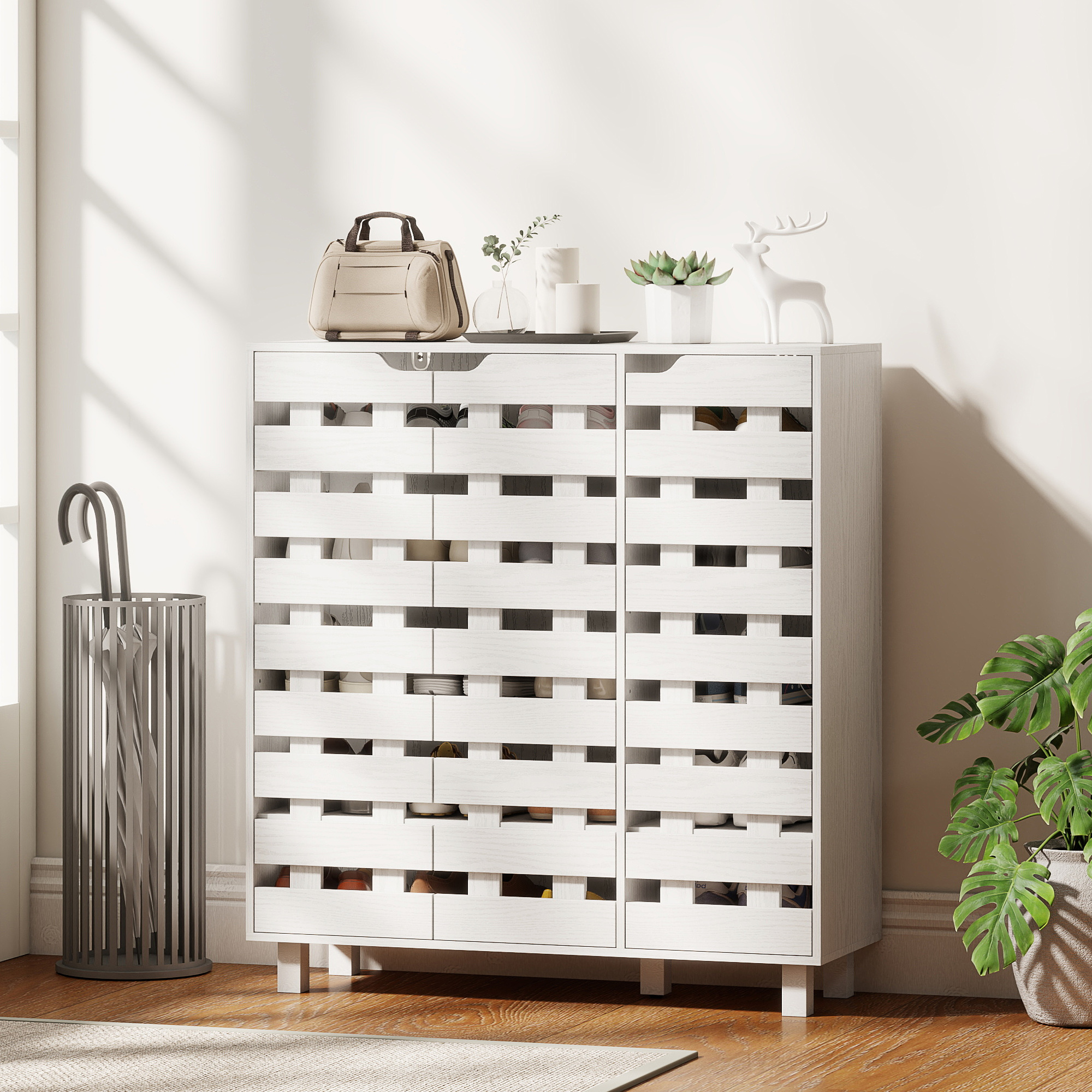 Shoe Cabinet, 20 Pair Shoe Storage Cabinet with Hollowed-Out Doors, White - Image 6