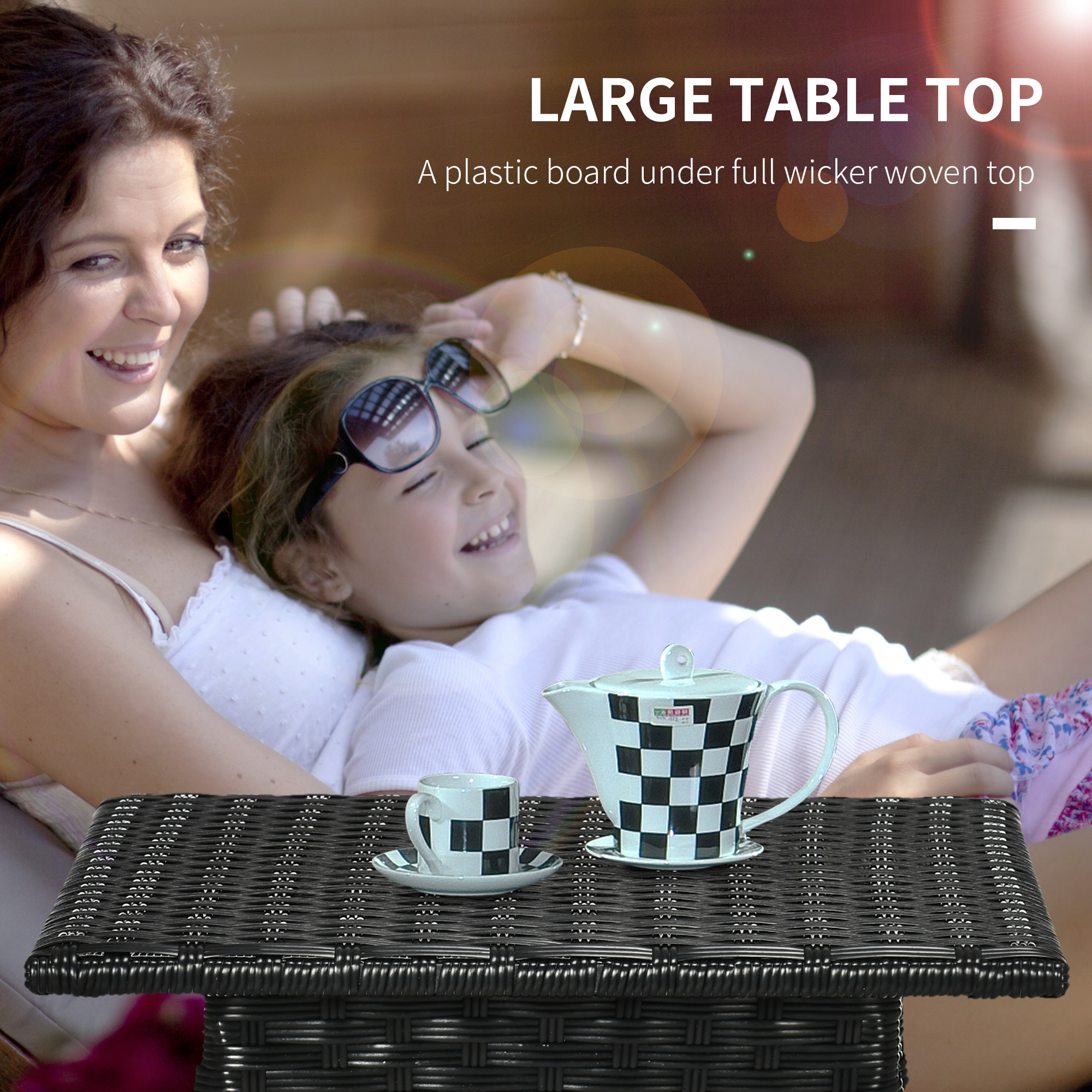 20" Patio Wicker Coffee Table, Outdoor Coffee Table with Plastic Board Underneath the Woven Tabletop for Patio, Garden, Balcony, Black - Image 3