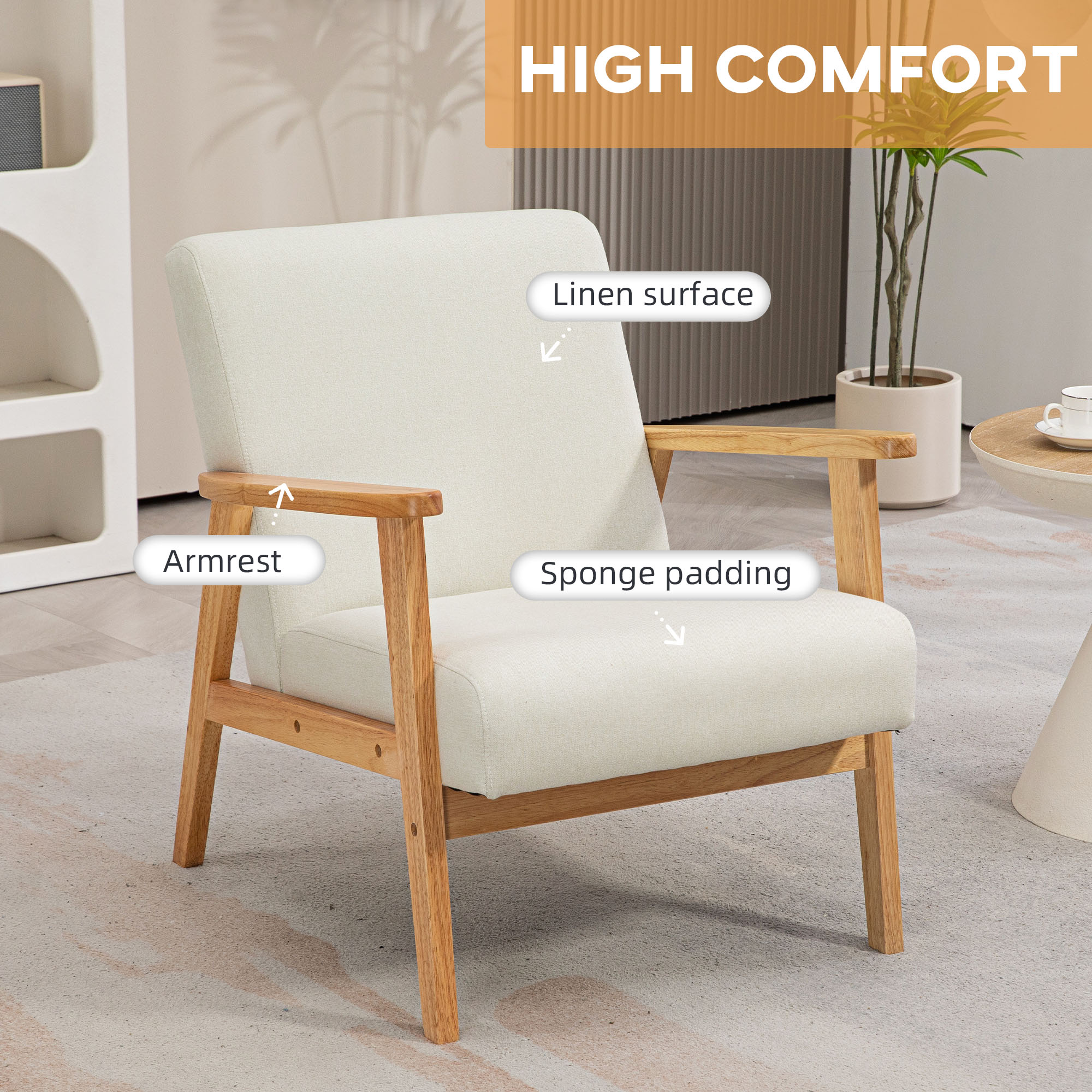 Mid-Century Modern Accent Chair Retro Fabric Armchair Wooden Arm Upholstered Lounge Chair for Living Room Cream White - Image 2