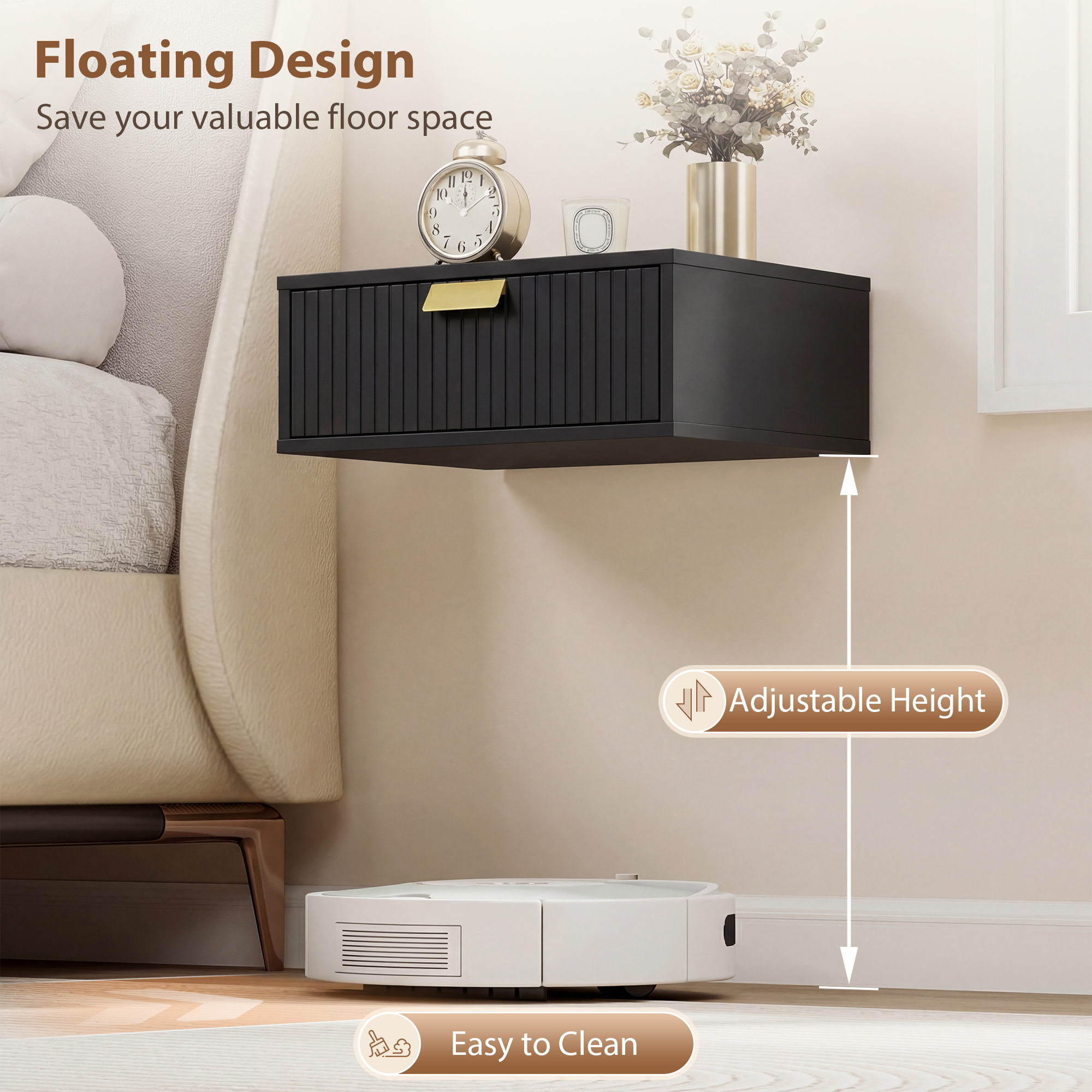 Modern Floating Nightstands Set of 2, Wall Mounted Bedside Tables with Wave Drawer Black - Image 2