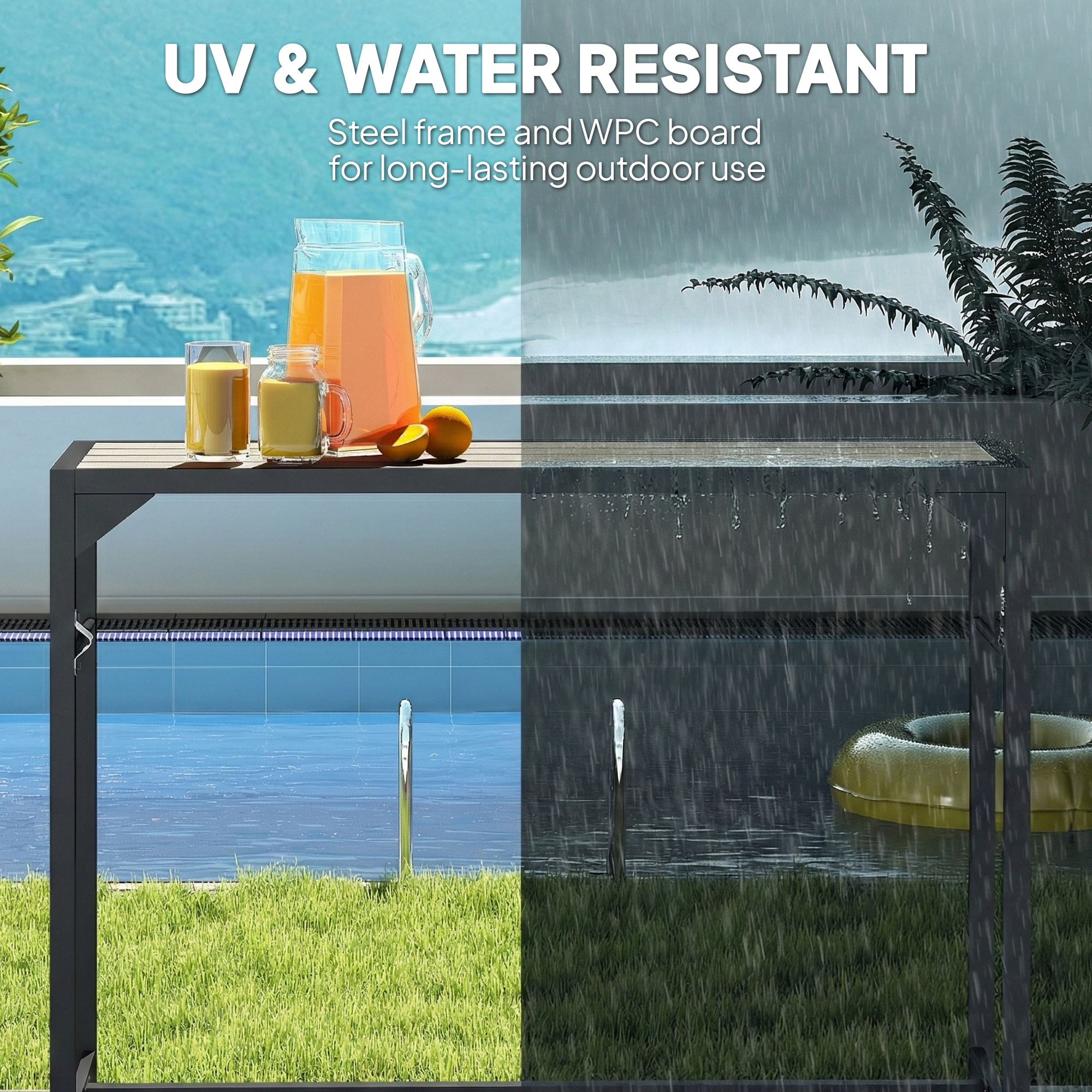 Bar Height Outdoor Table with Built-In Bottle Opener, Patio Bar Table with Wood Grain Plastic Top, 55" x 15" x 39" - Image 3