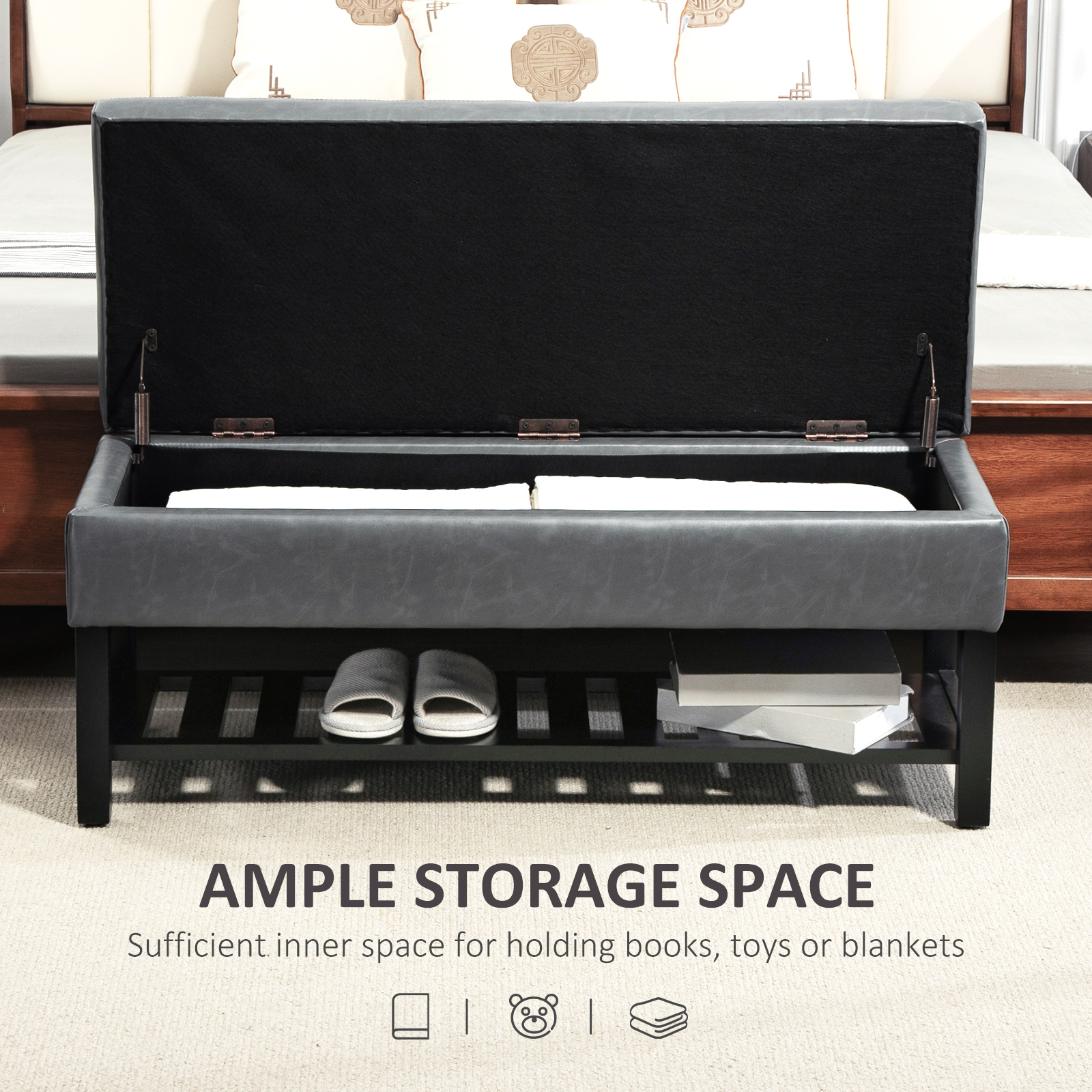44" PU Leather Tufted Ottoman Shoe Bench Storage Chest Hallway Grey - Image 2