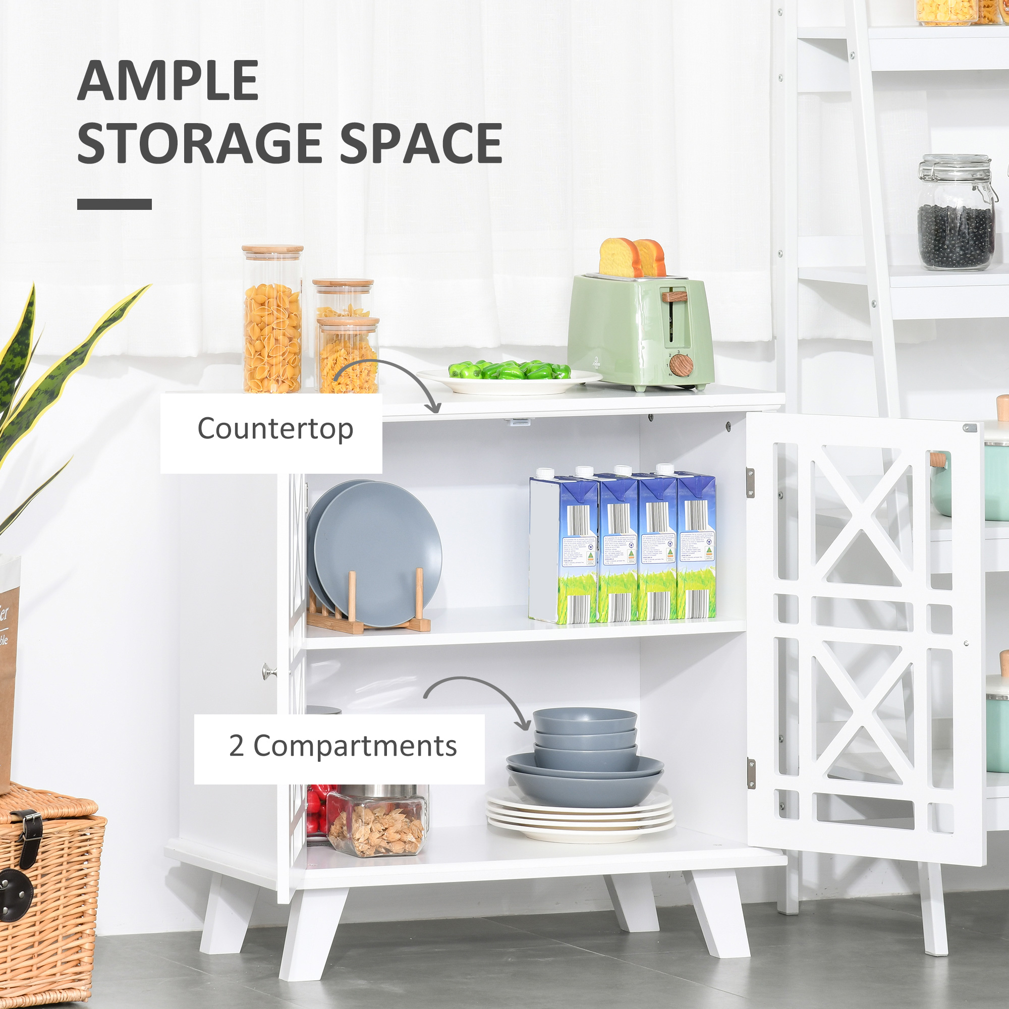 Storage Cabinet with Fretwork Doors and Shelf, Modern Freestanding Sideboard, Buffet, White - Image 2