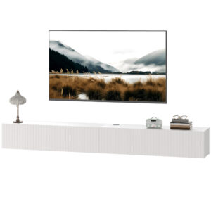 71" Floating TV Stand for TVs up to 72 Inch, Wall Mount Media Console with 2 Fluted Flip-Down Doors, Cable Hole, White