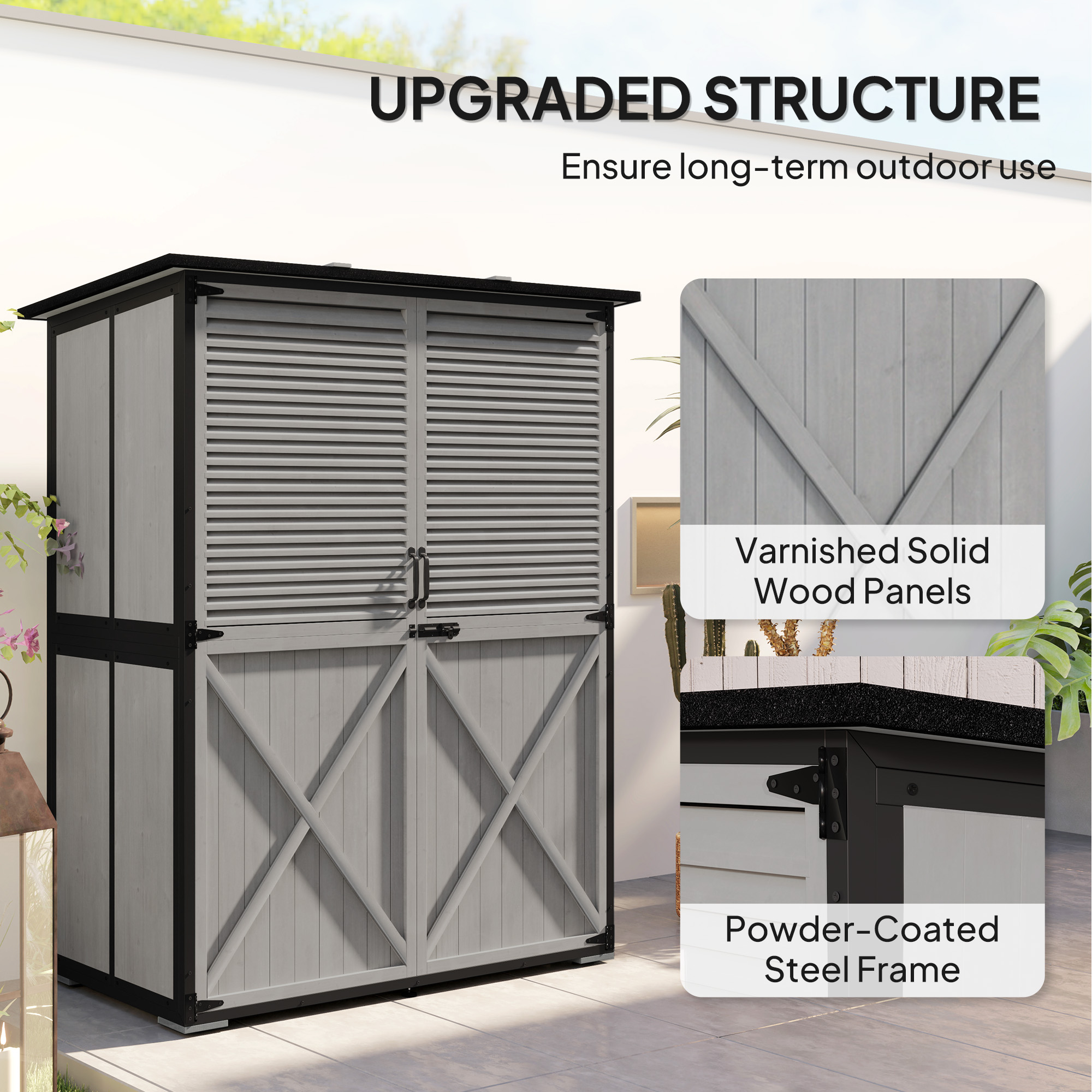 Outdoor Storage Cabinet, Wood Garden Shed with Steel Frame, Asphalt Roof, 2 Shelves and Lockable Doors, Grey - Image 2