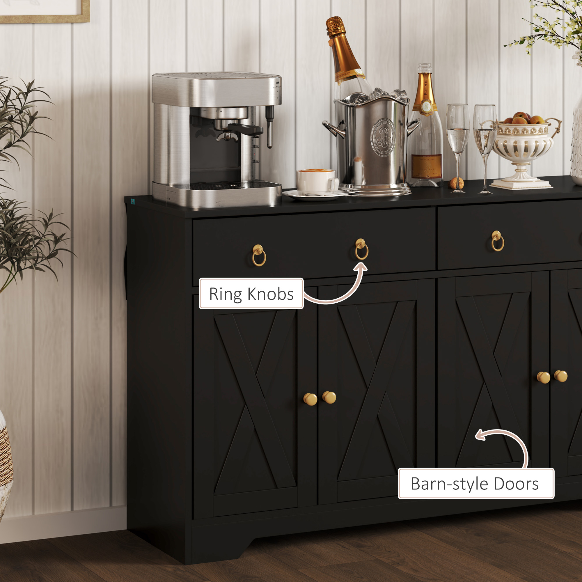 Sideboard Cabinet with 2 Drawers, 4 Barn Doors and 2 Adjustable Shelves, Buffet Table for Living Room, Black - Image 4