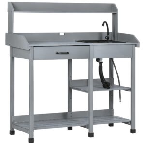 Potting Bench Table Garden Work Bench Workstation with Drawer, Removable Sink and Hooks, 45.3" x 17.7" x 48.4", Grey