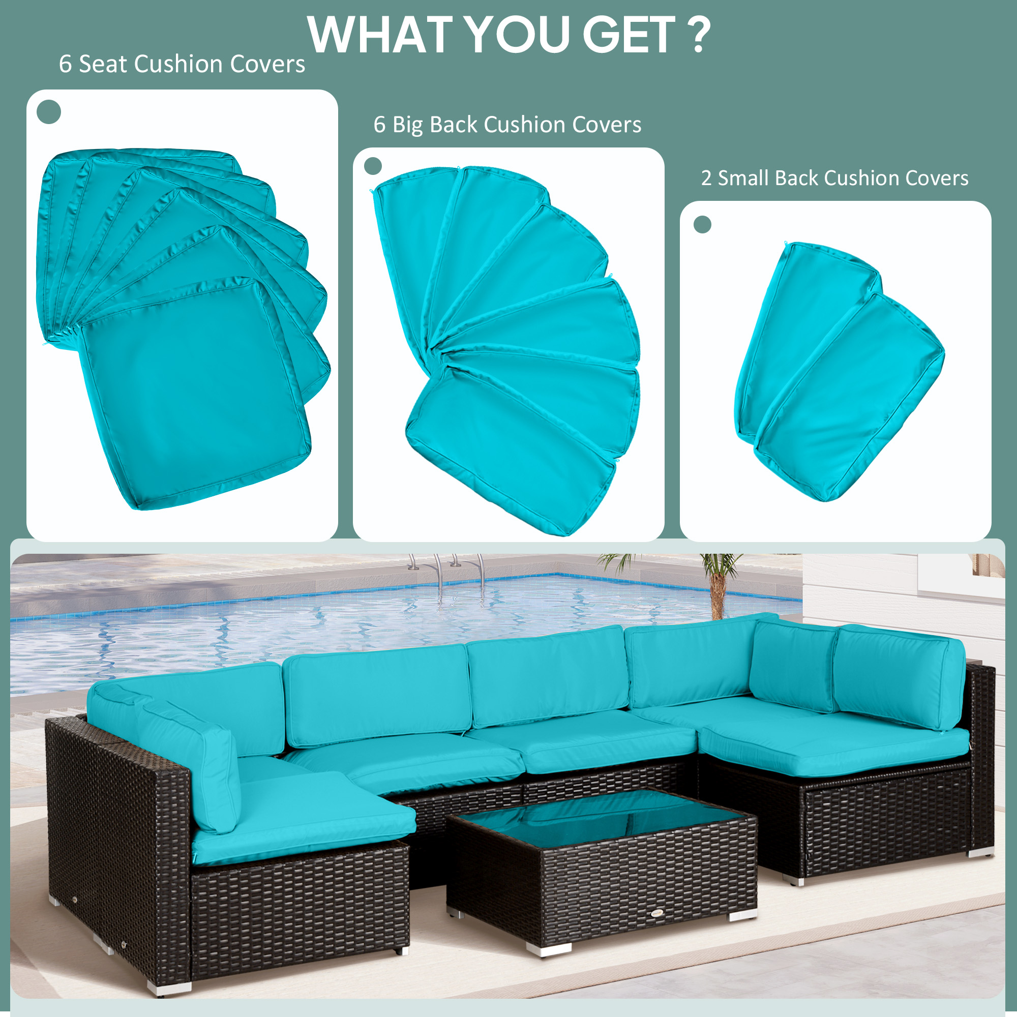 Outdoor 14pc Patio Rattan Sofa Set Cushion Polyester Cover Replacement Set - No Cushion Included Light Blue - Image 2