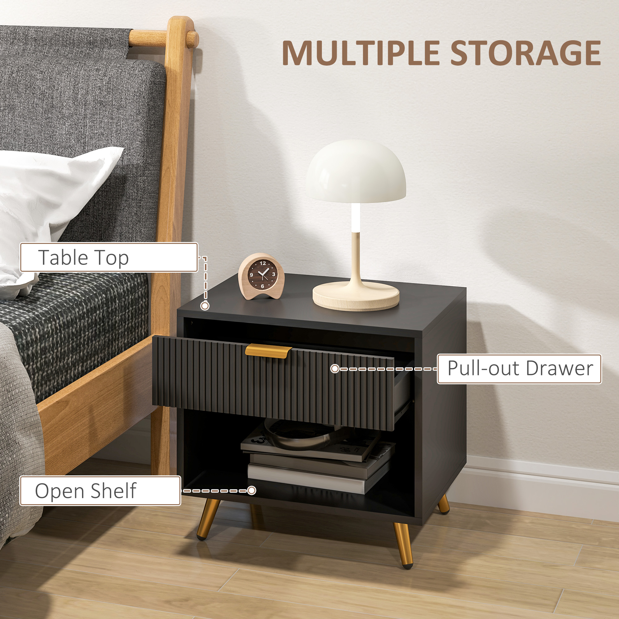 Nightstand with Fluted Panel, Bedside Table with Drawer and Open Compartment, Modern Night Table for Bedroom, Black - Image 3