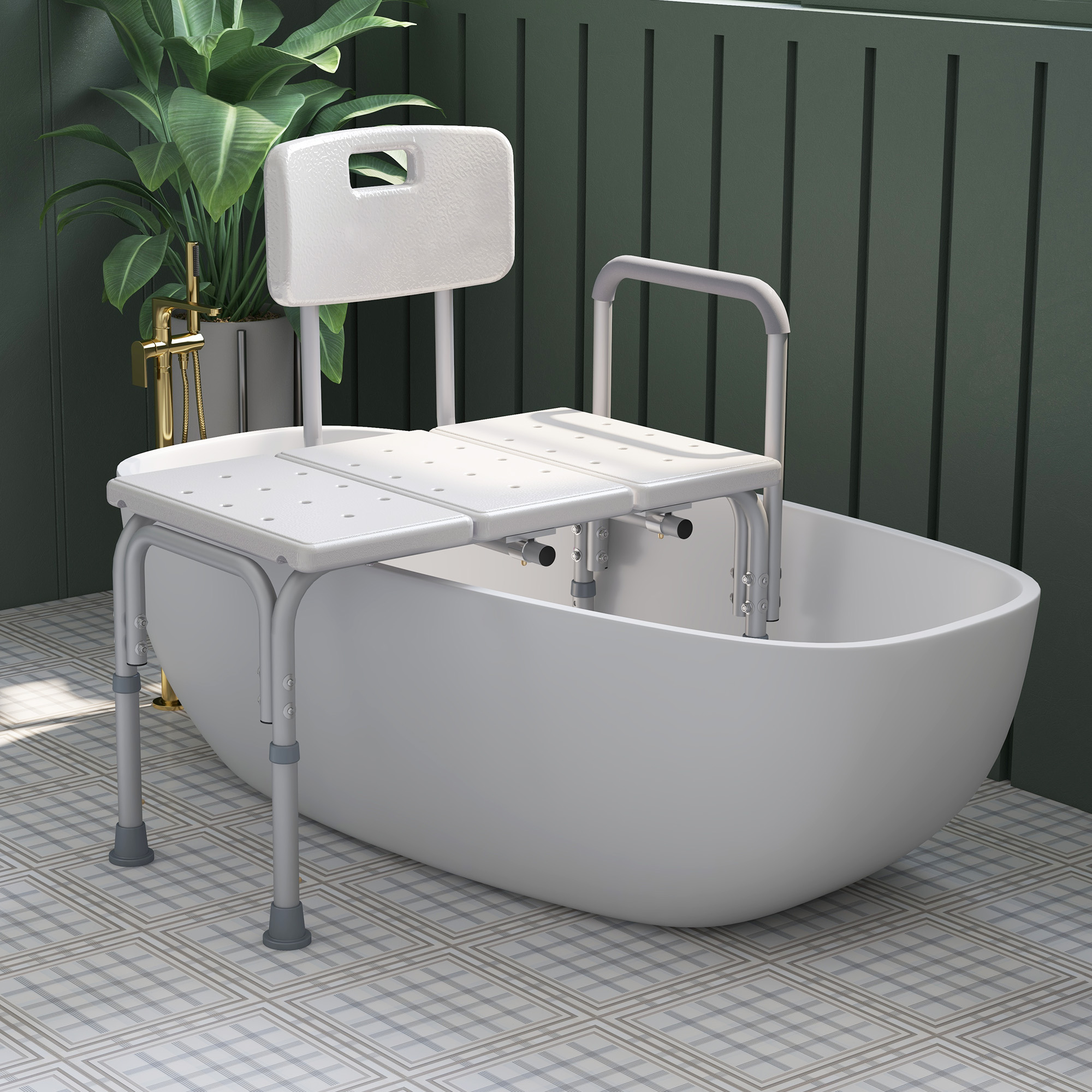 6-Level Adjustable Bath and Shower Transfer Bench Aluminum Chair with Non-Slip Feet, Armrest & Backrest White - Image 6