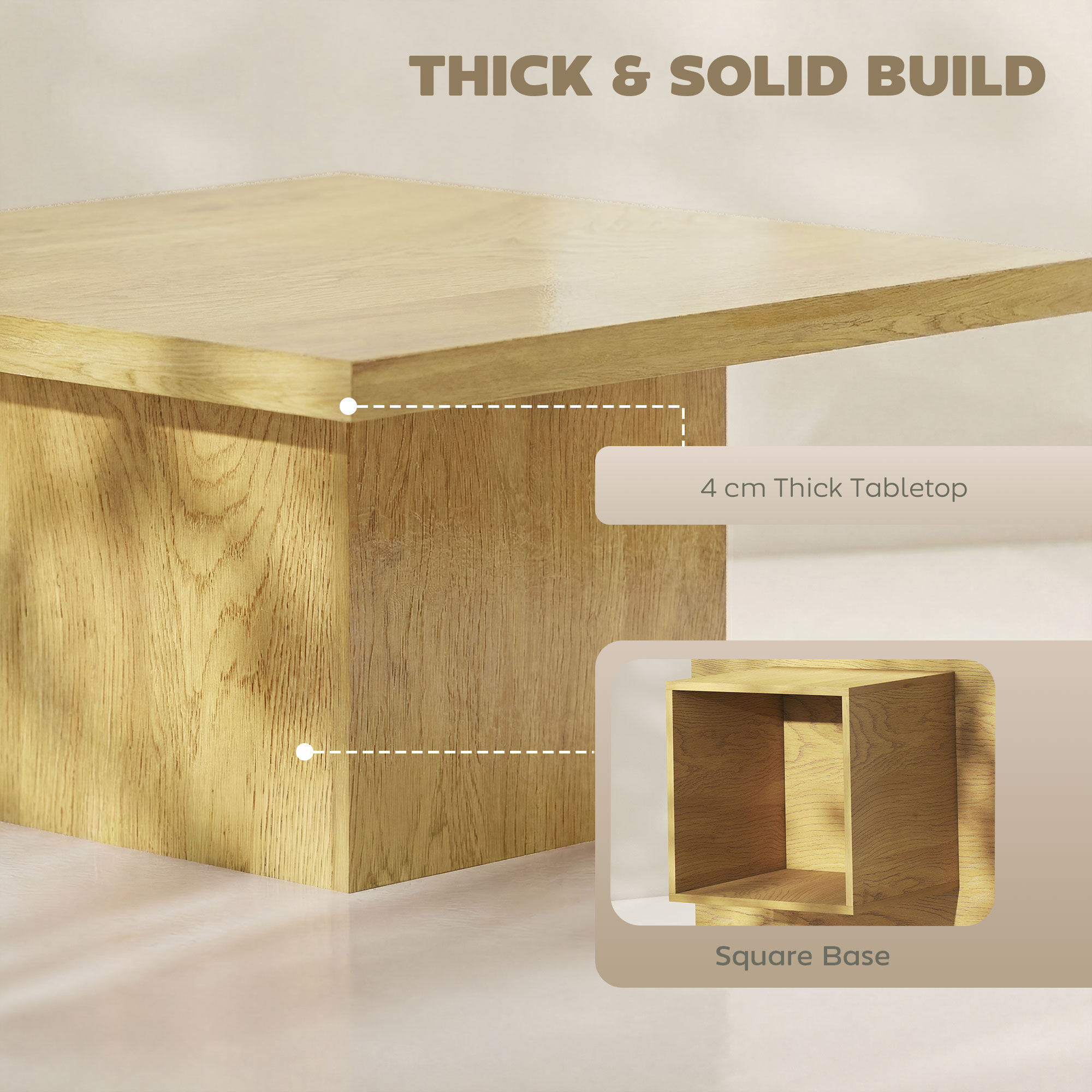 Square Coffee Table, Center Table with 1.6" Thick Tabletop, Natural Wood - Image 3