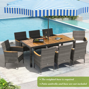 9 Pieces Rattan Patio Dining Set with Acacia Wood Table and Cushioned Chair