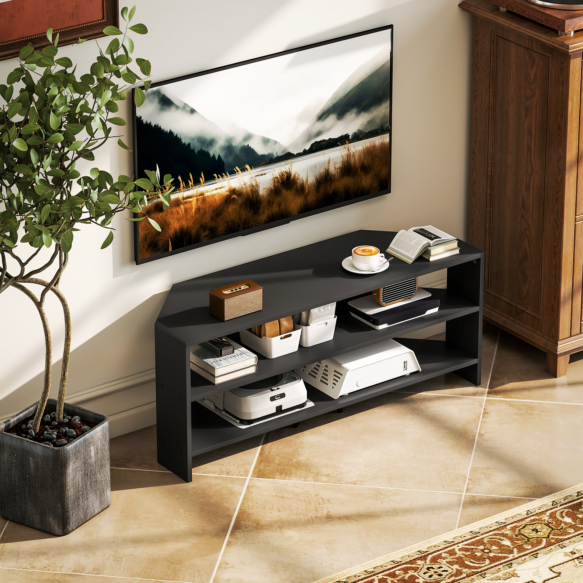 Corner TV Stand, Modern TV Table with 2 Open Shelves for 47 Inch TV, Entertainment Center for Living Room, Black - Image 6