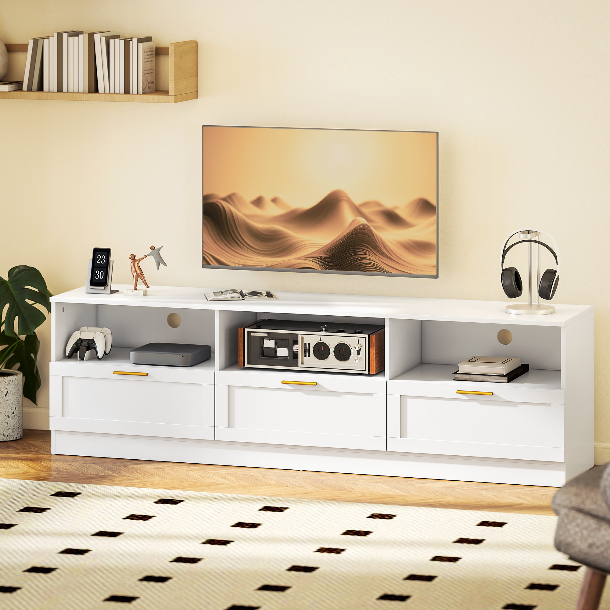TV Stand with Storage, Modern Entertainment Center with 3 Cabinets and 3 Open Shelves, for TVs up to 85", White - Image 6